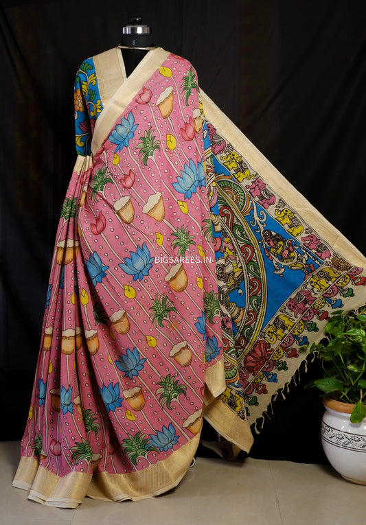 Pen Kalamkari hand painted pure cotton Saree with blouse
