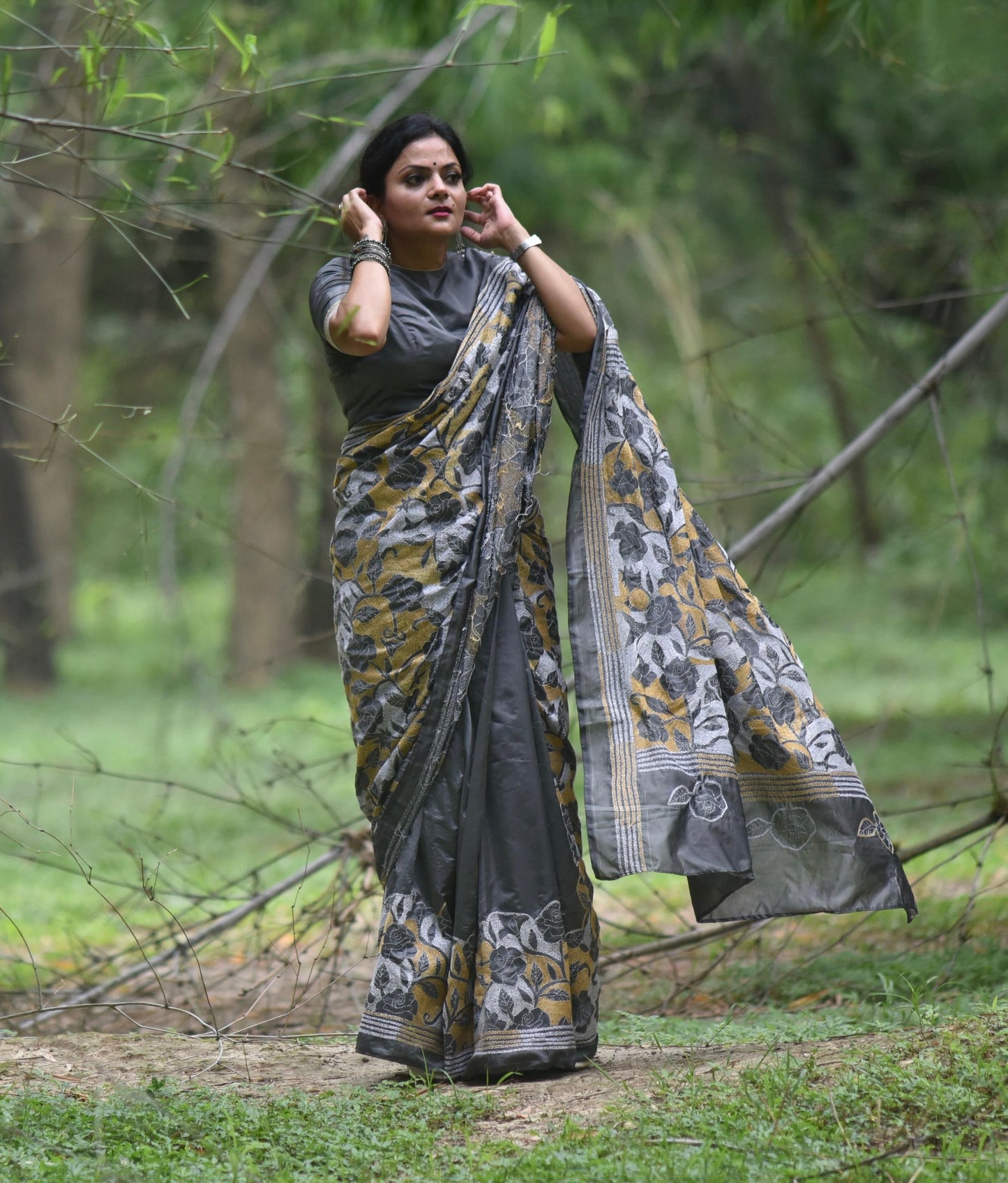 Kantha - Stitch Hand Embroidered Saree | Blended Bangalore Silk / Art Silk | Grey