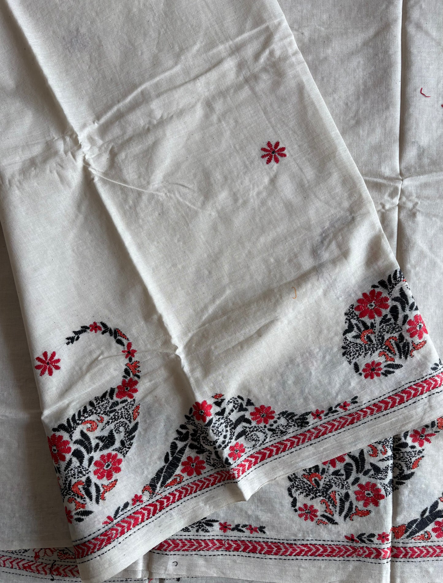 Kantha stitch Khadi Cotton Saree - Off white