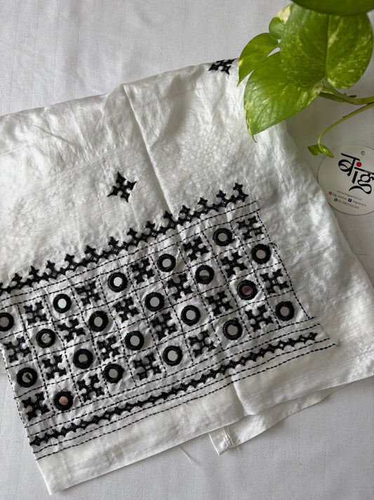 Mirror work white and black Gujrati work blouse pieces in art silk 1 mtr
