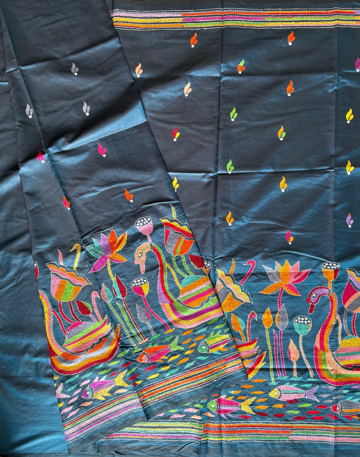 Kantha Stitch Saree on Hand Art Silk