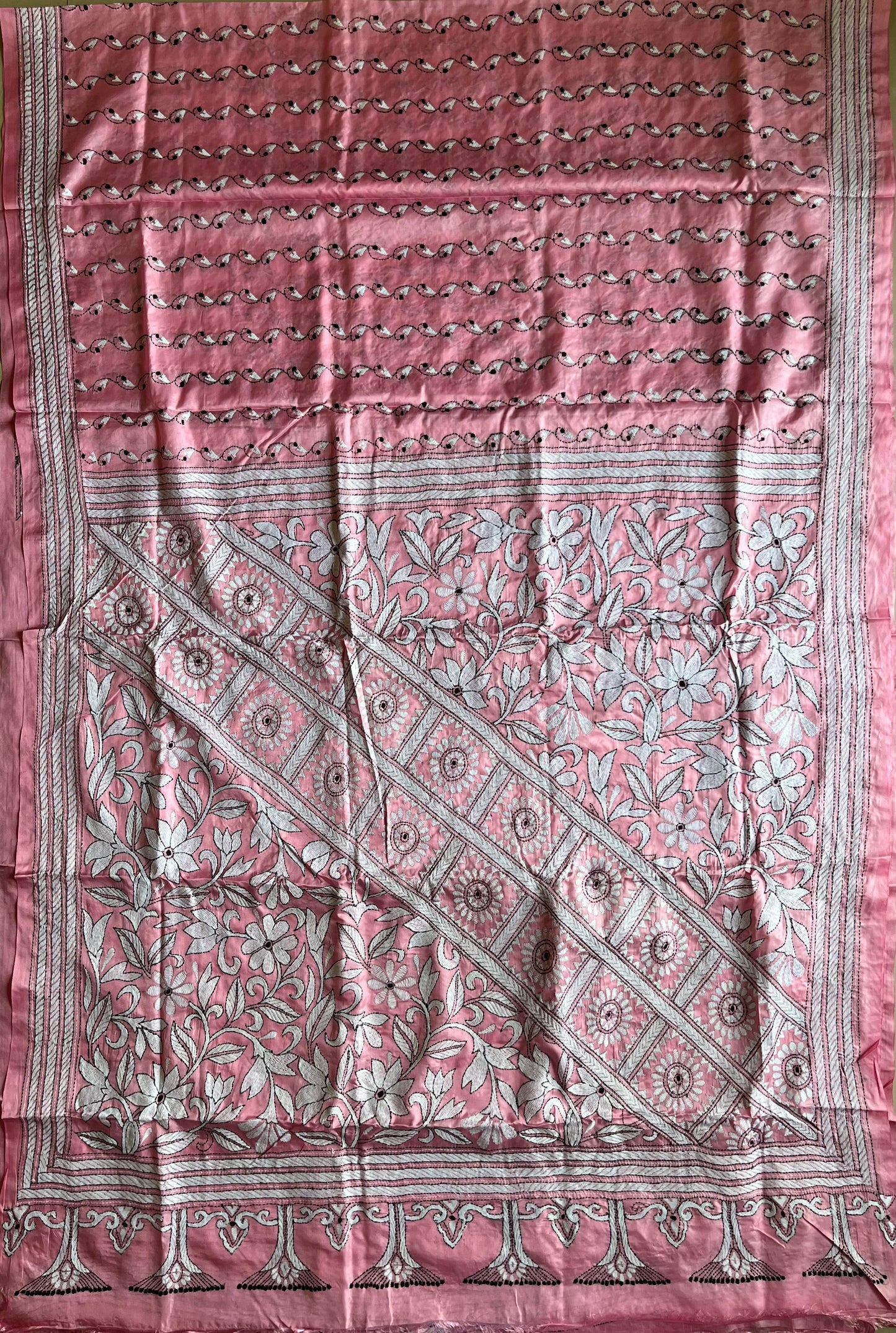 Pink Kantha Stitch Hand Work Embroidered Art Silk Saree With Blouse