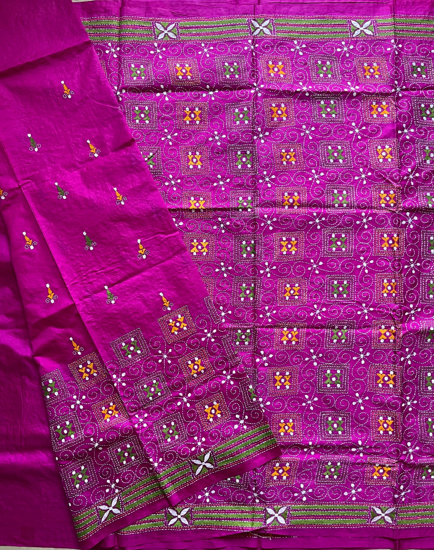 Kantha Hand Embroidered Blended Banglore Silk/Art Silk Saree With Blouse