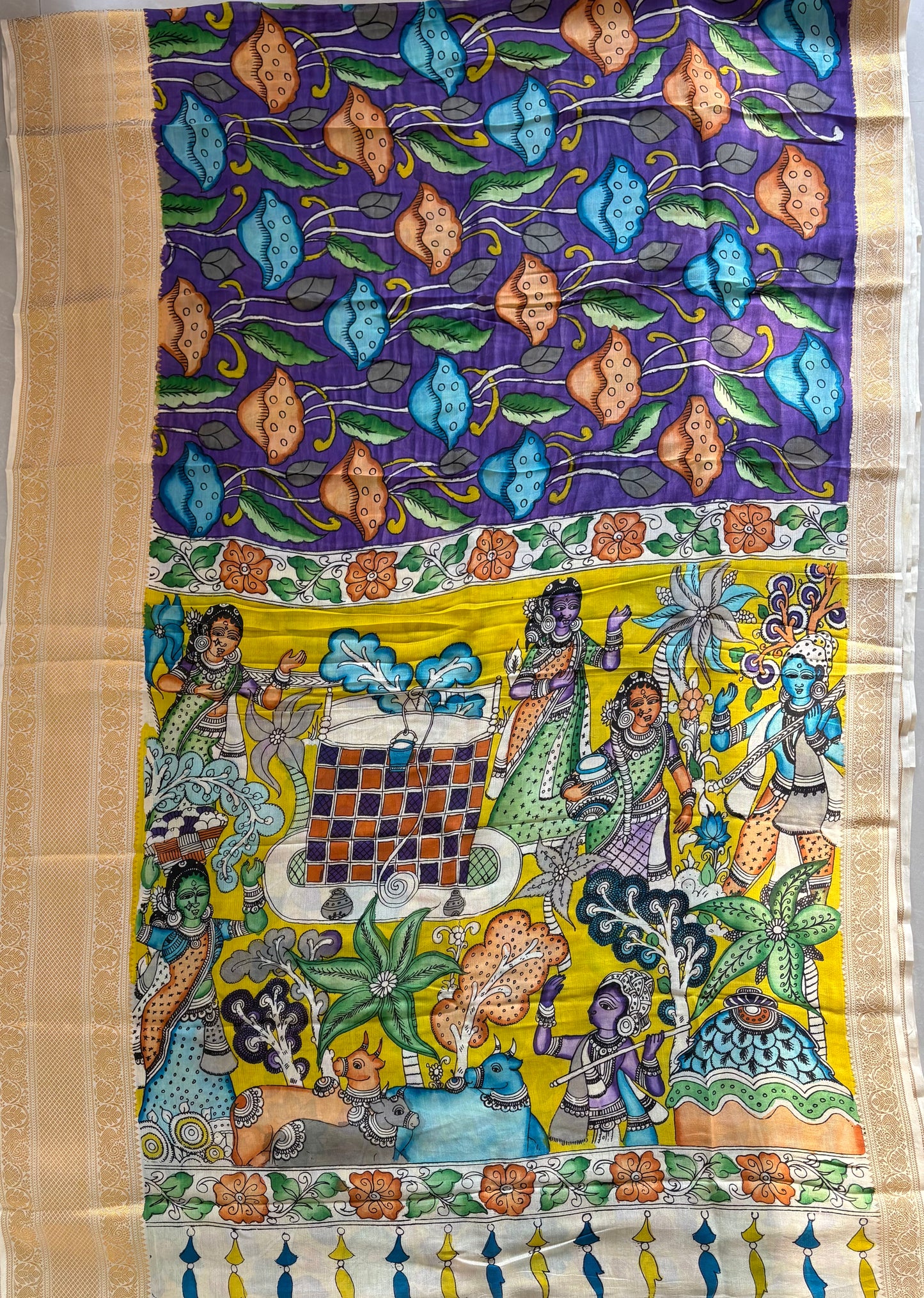 Pen Kalamkari hand painted Banglore Silk Saree with blouse