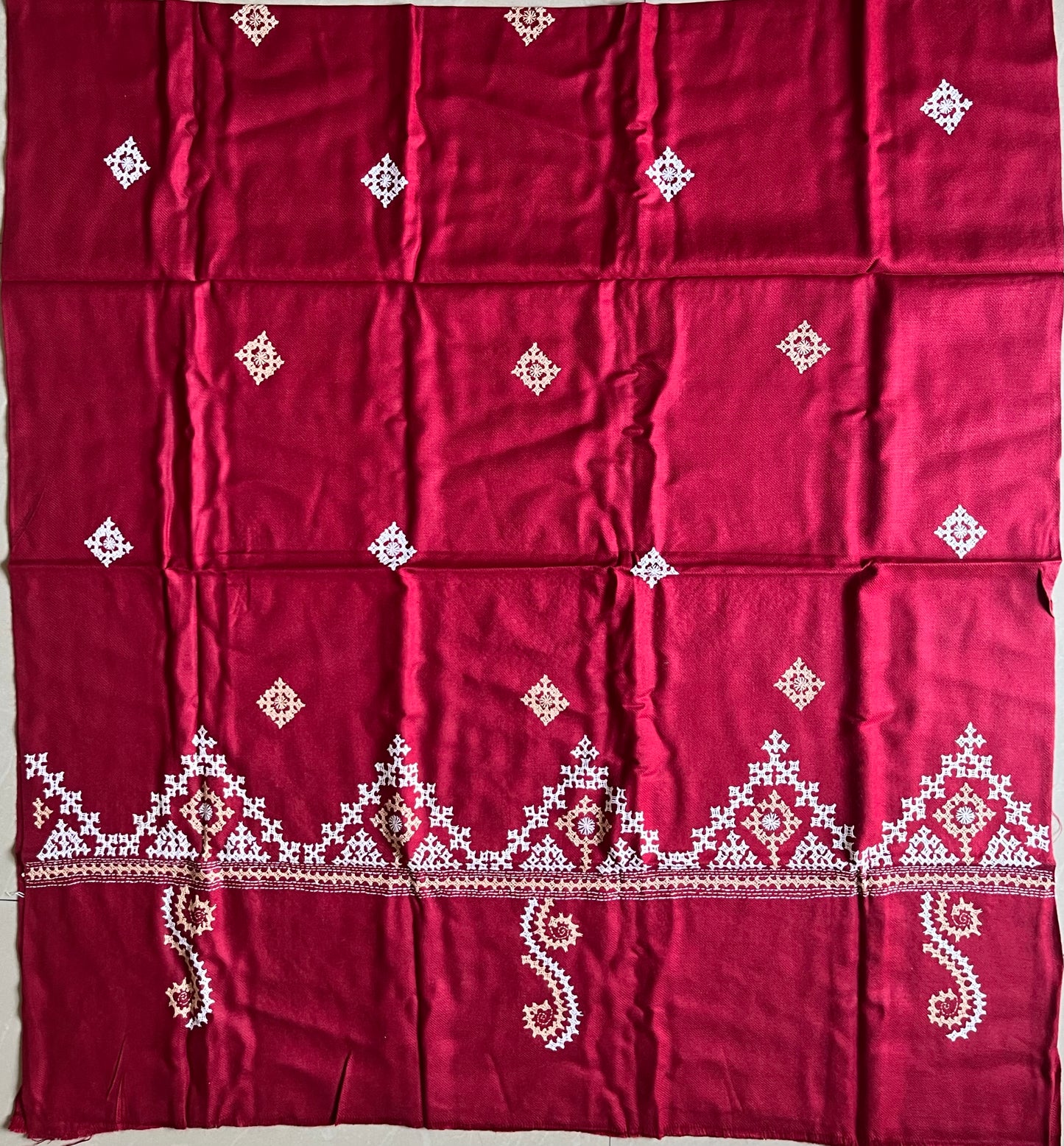 Gujrati Stitch Hand Embroidered Woollen Warm Shawl (maroon)