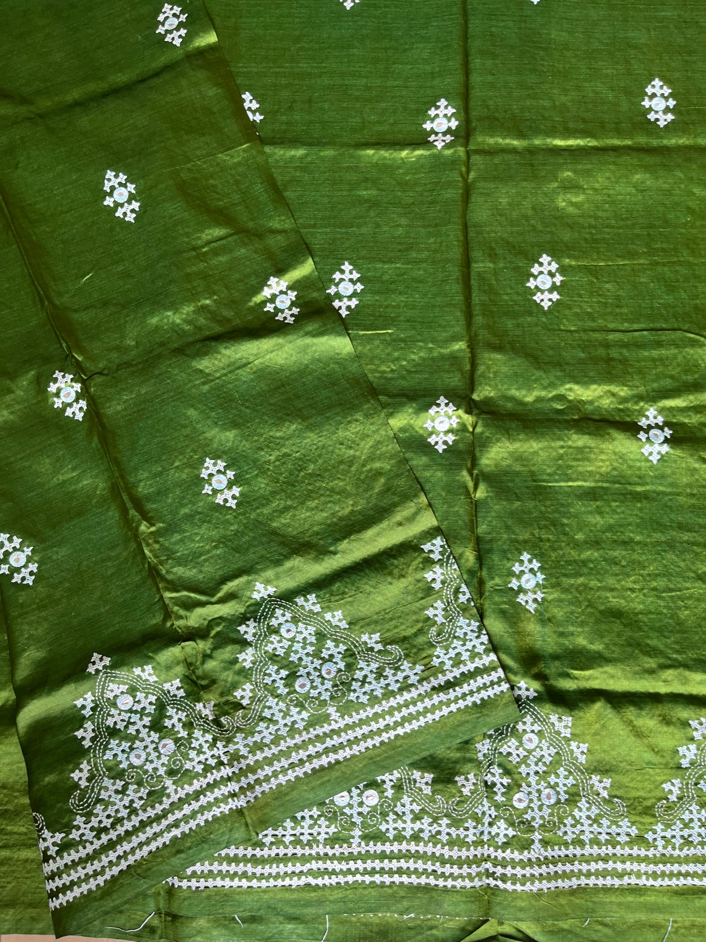 Gujrati/Kutchi Work Hand Embroidered Tusshar Silk Saree