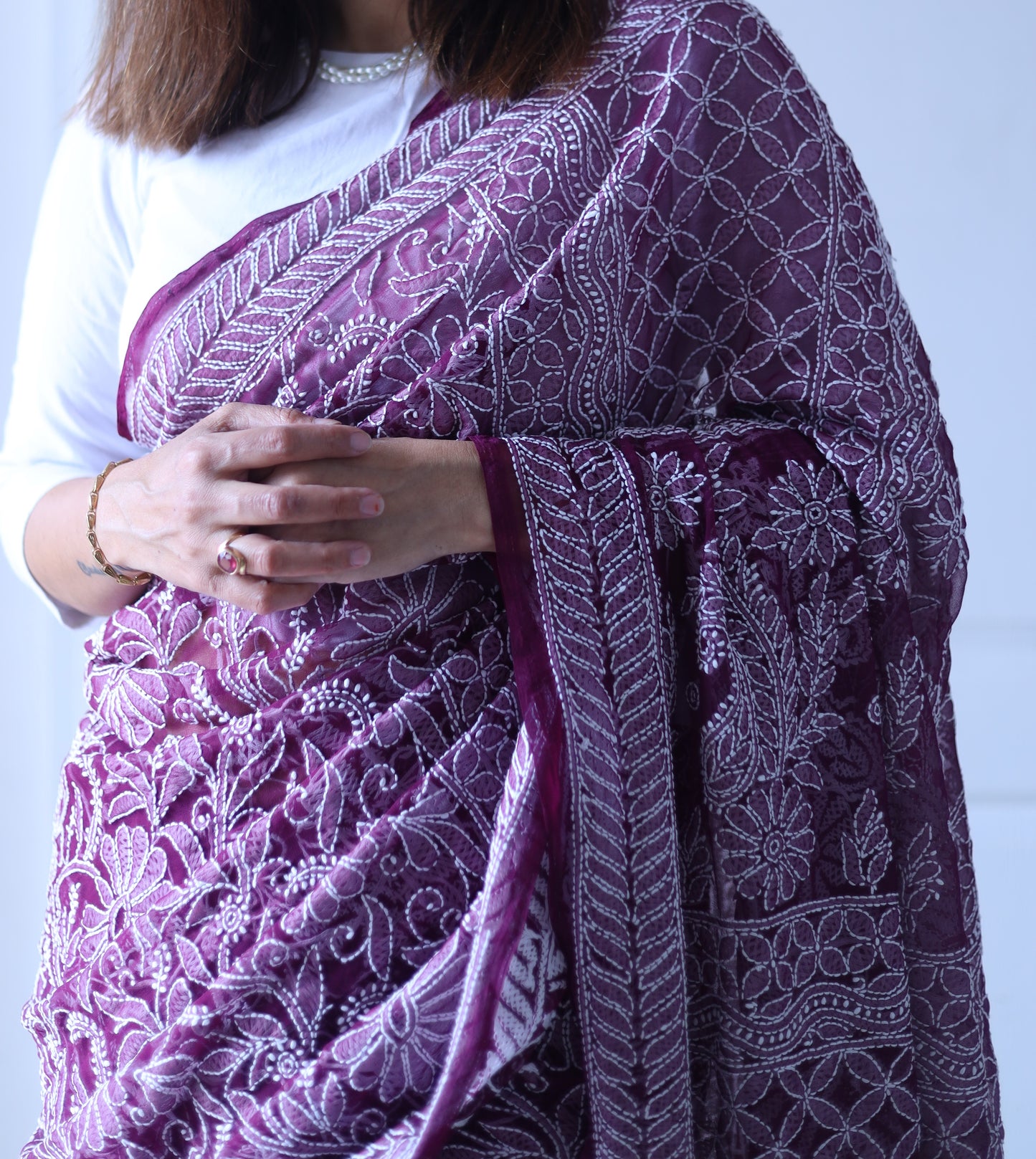 Ultra wine Chikankari Work Hand Embroidered Georgette Saree