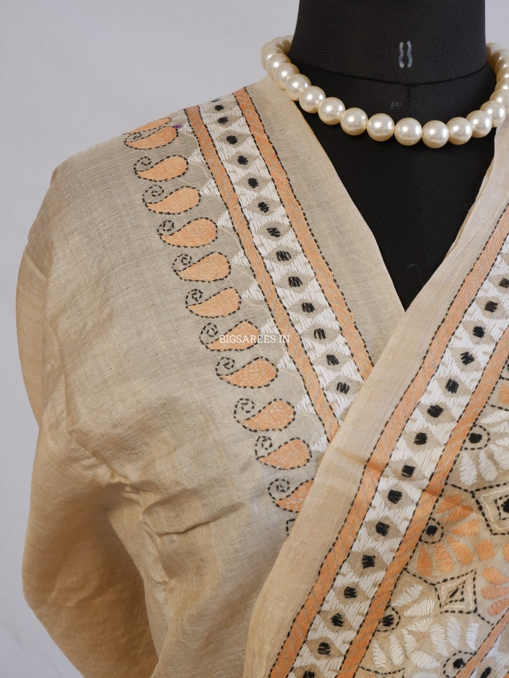 Kantha Stitch Hand Embroidered Saree | Pure Gachi Tussar Silk | Silk Mark Certified | Beige