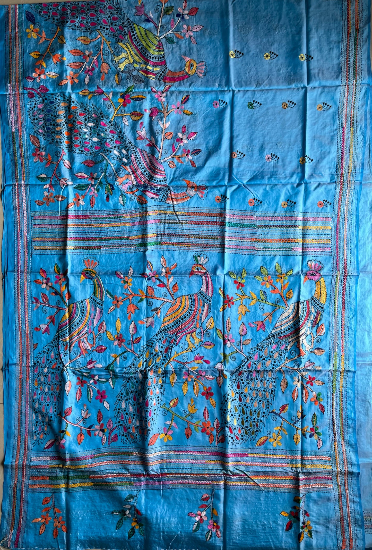 Kantha Stitch Hand Work Embroidered Art Silk Saree With Blouse