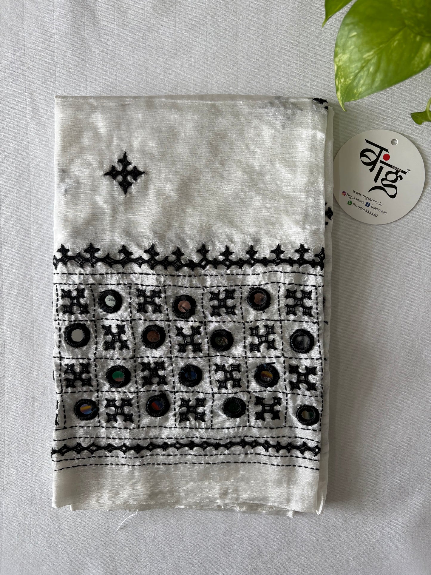 Mirror work white and black Gujrati work blouse pieces in art silk 1 mtr