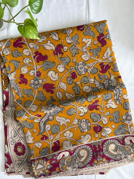 Kalamkari printed malmal cotton Saree with blouse