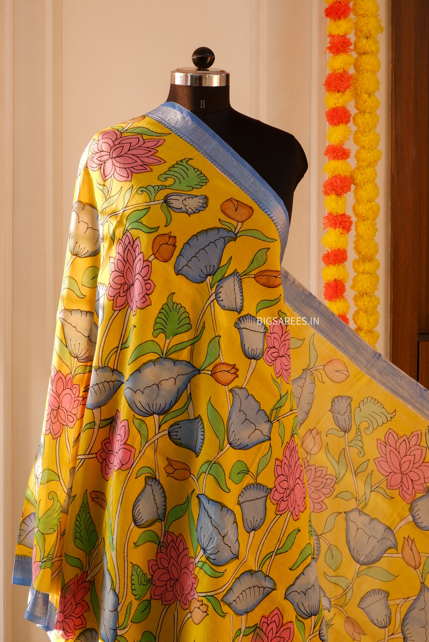 Pen Kalamkari Hand Painted Bangalore Silk Dupatta/Yellow/36"