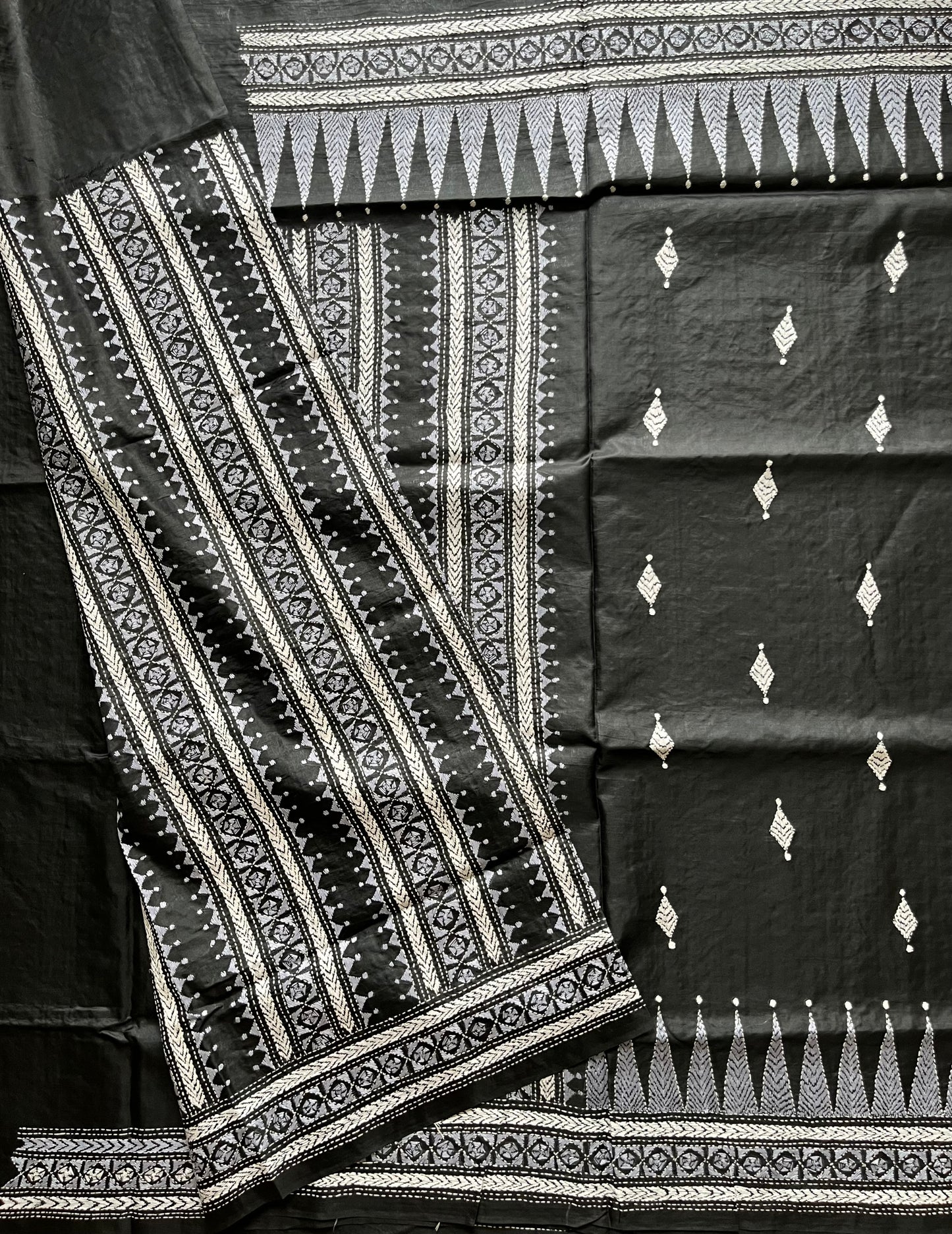 Black Kantha Stitch Hand Embroidered Pure Banglore Silk Saree (Silk Marked)