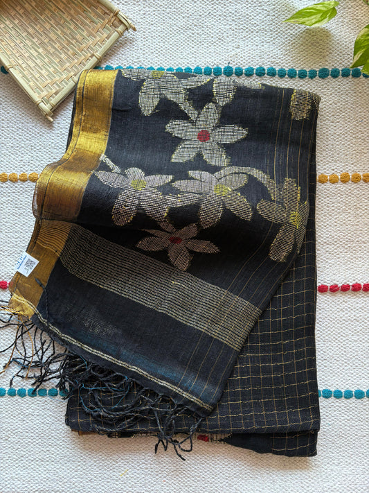 Handloom woven pure Linen By Linen Lata Saree – Black (Handloom Marked)