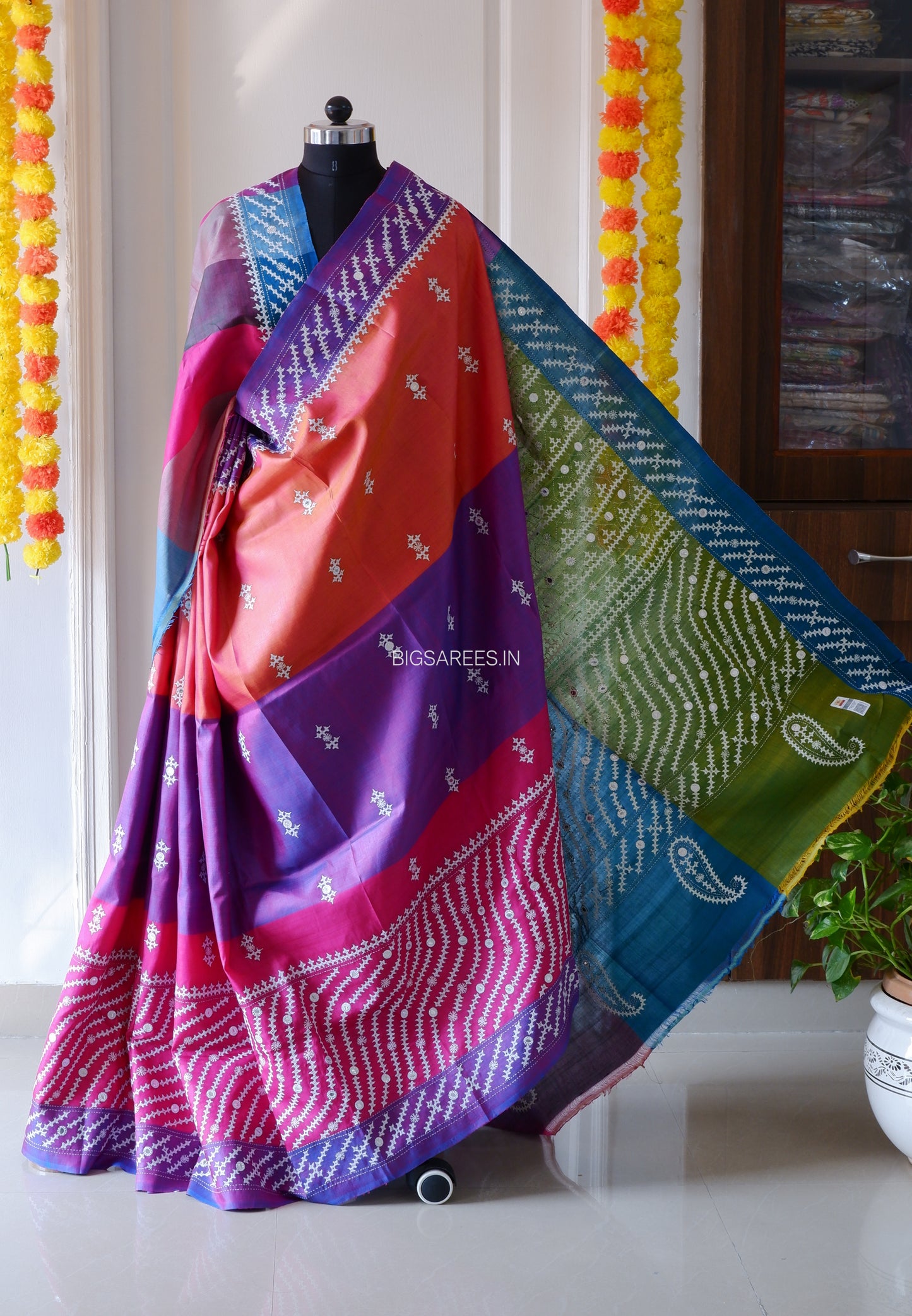 Gujrati/Kutchi Work Hand Embroidered Pure Banglore Silk Saree