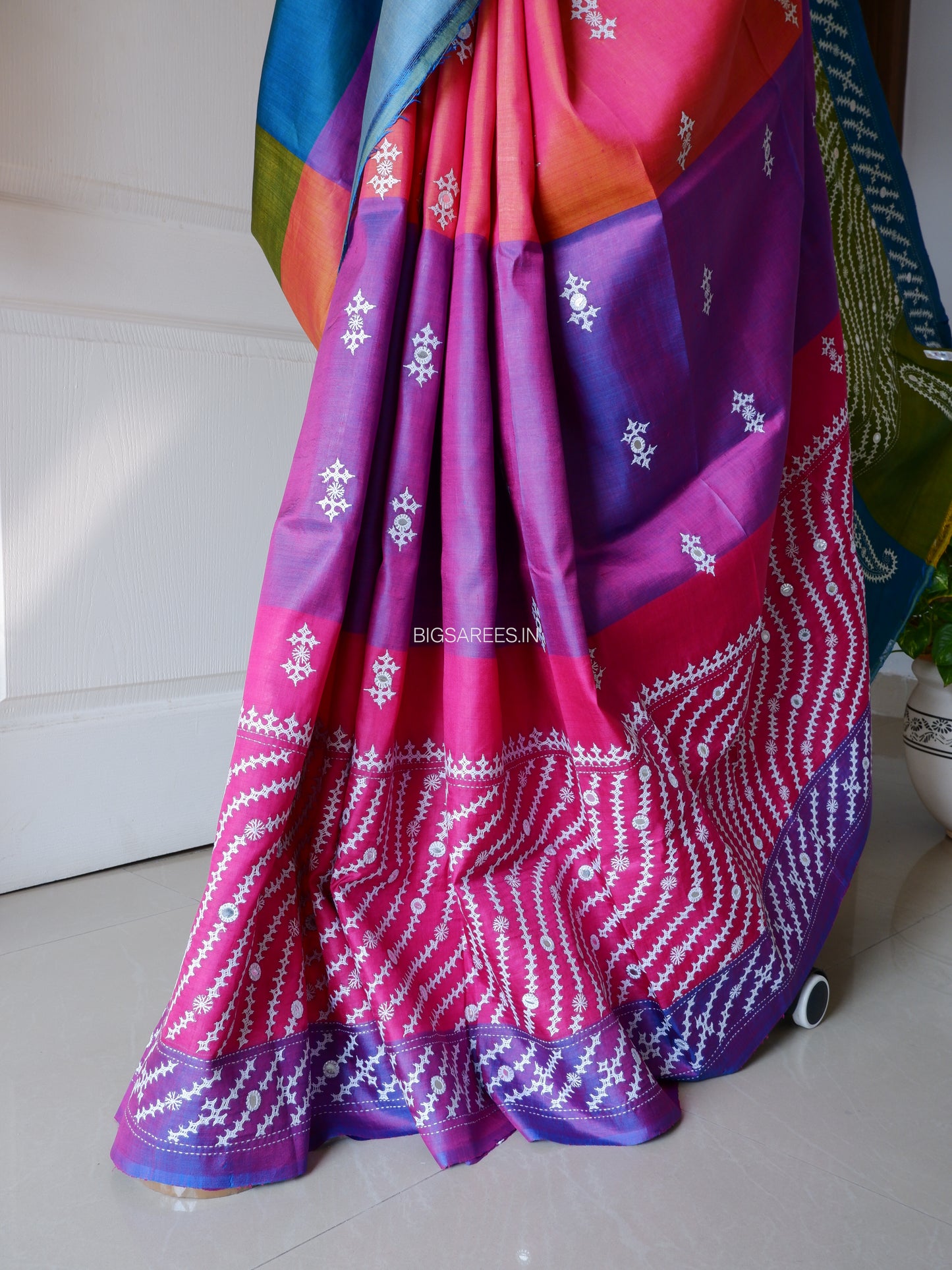 Gujrati/Kutchi Work Hand Embroidered Pure Banglore Silk Saree