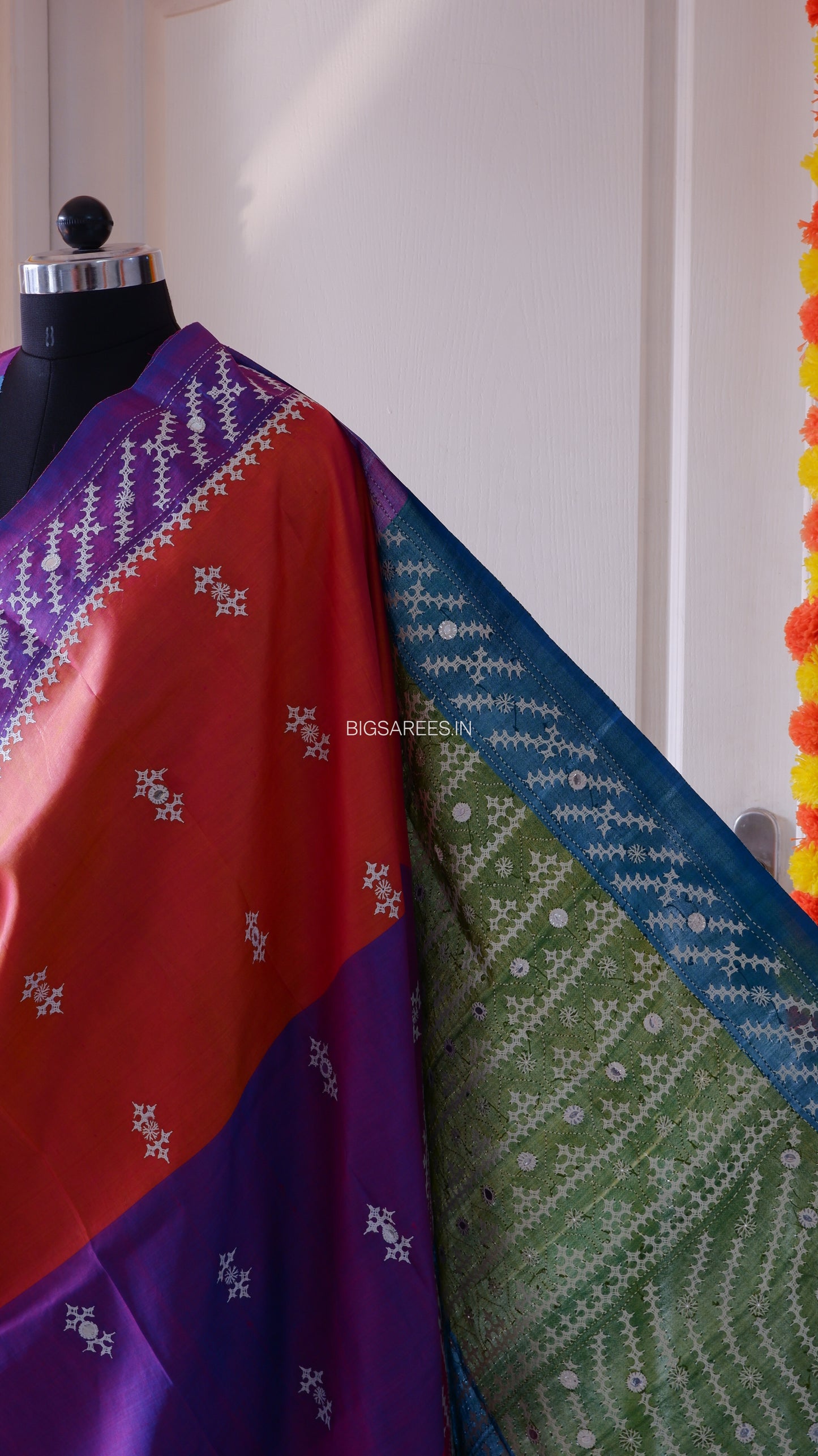 Gujrati/Kutchi Work Hand Embroidered Pure Banglore Silk Saree