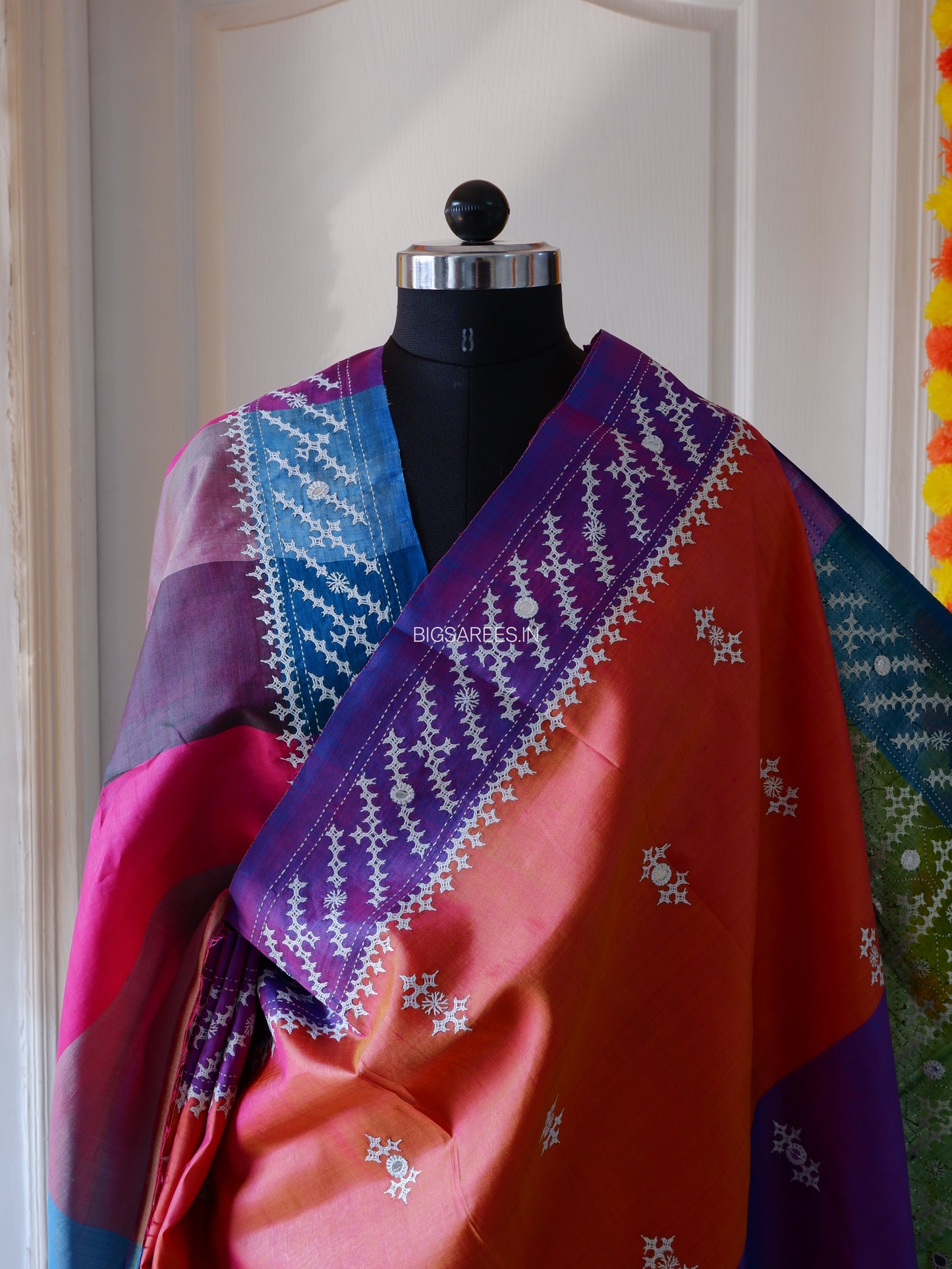 Gujrati/Kutchi Work Hand Embroidered Pure Banglore Silk Saree