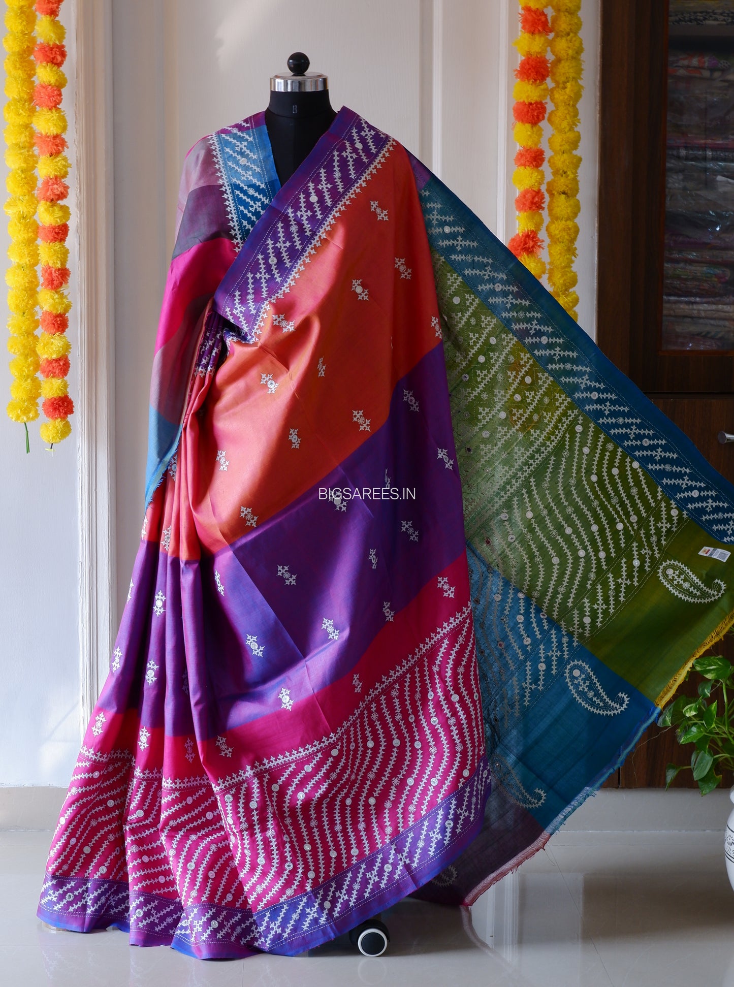 Gujrati/Kutchi Work Hand Embroidered Pure Banglore Silk Saree
