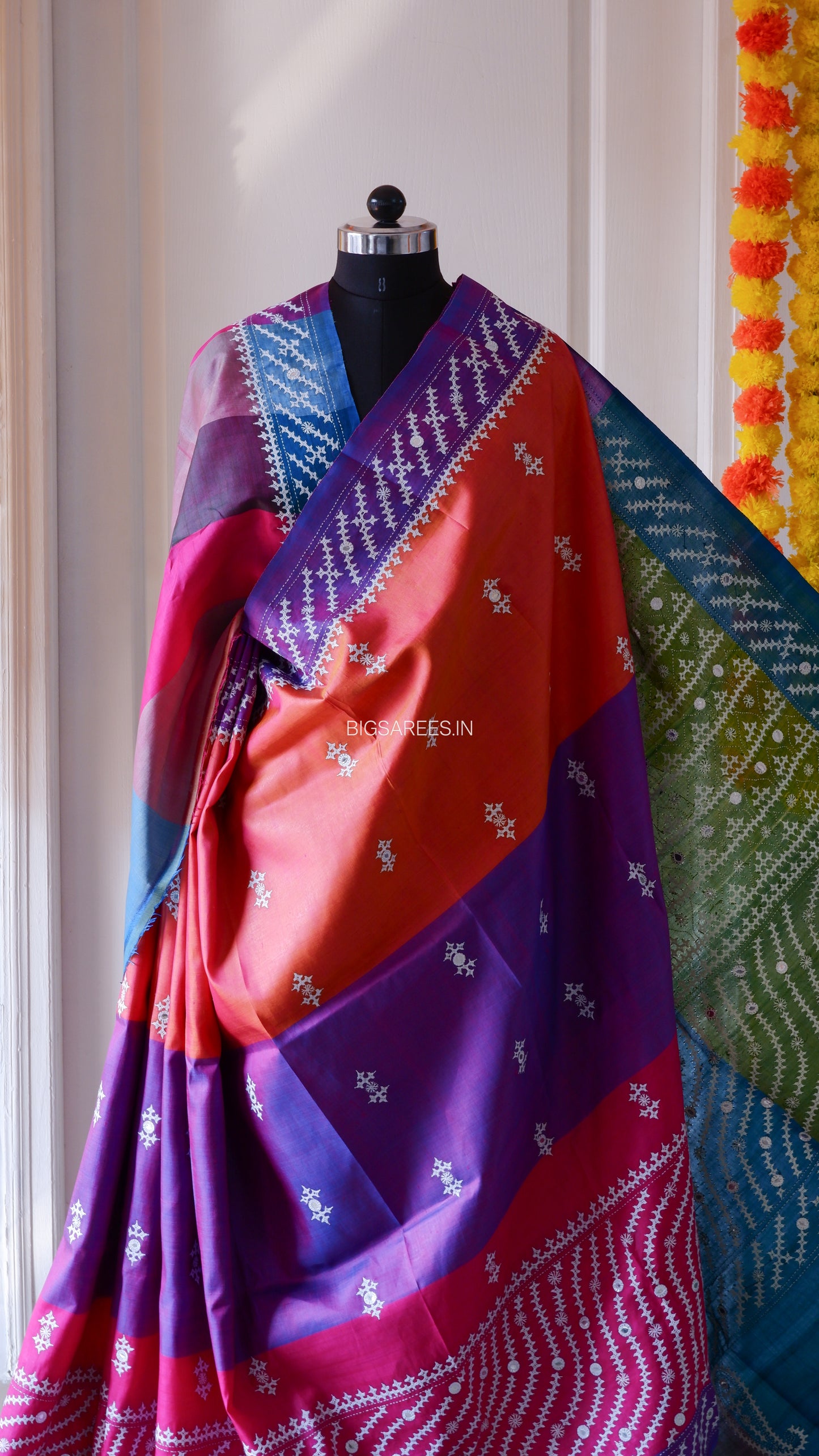 Gujrati/Kutchi Work Hand Embroidered Pure Banglore Silk Saree