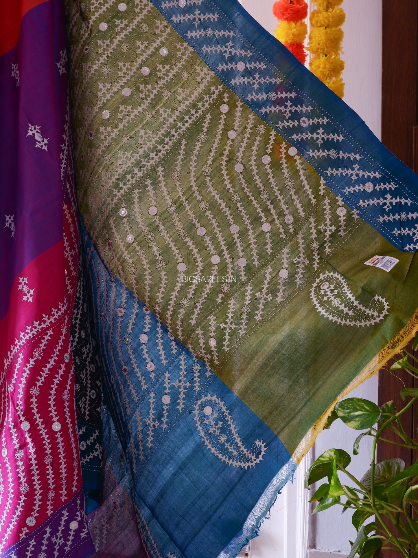 Gujrati/Kutchi Work Hand Embroidered Pure Banglore Silk Saree