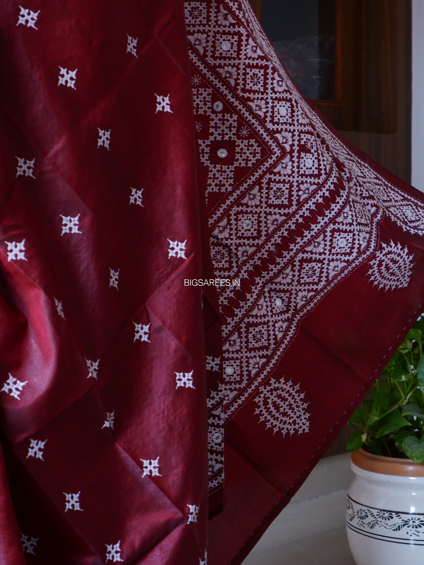 Gujrati/Kutchi Work Hand Embroidered Pure Banglore Silk Saree