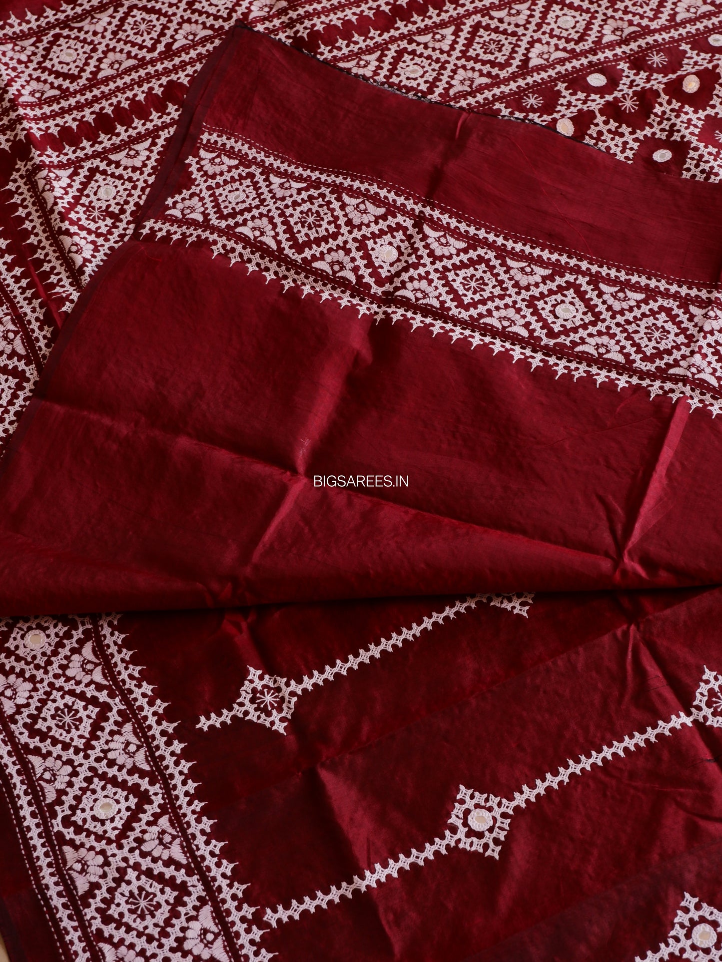 Gujrati/Kutchi Work Hand Embroidered Pure Banglore Silk Saree