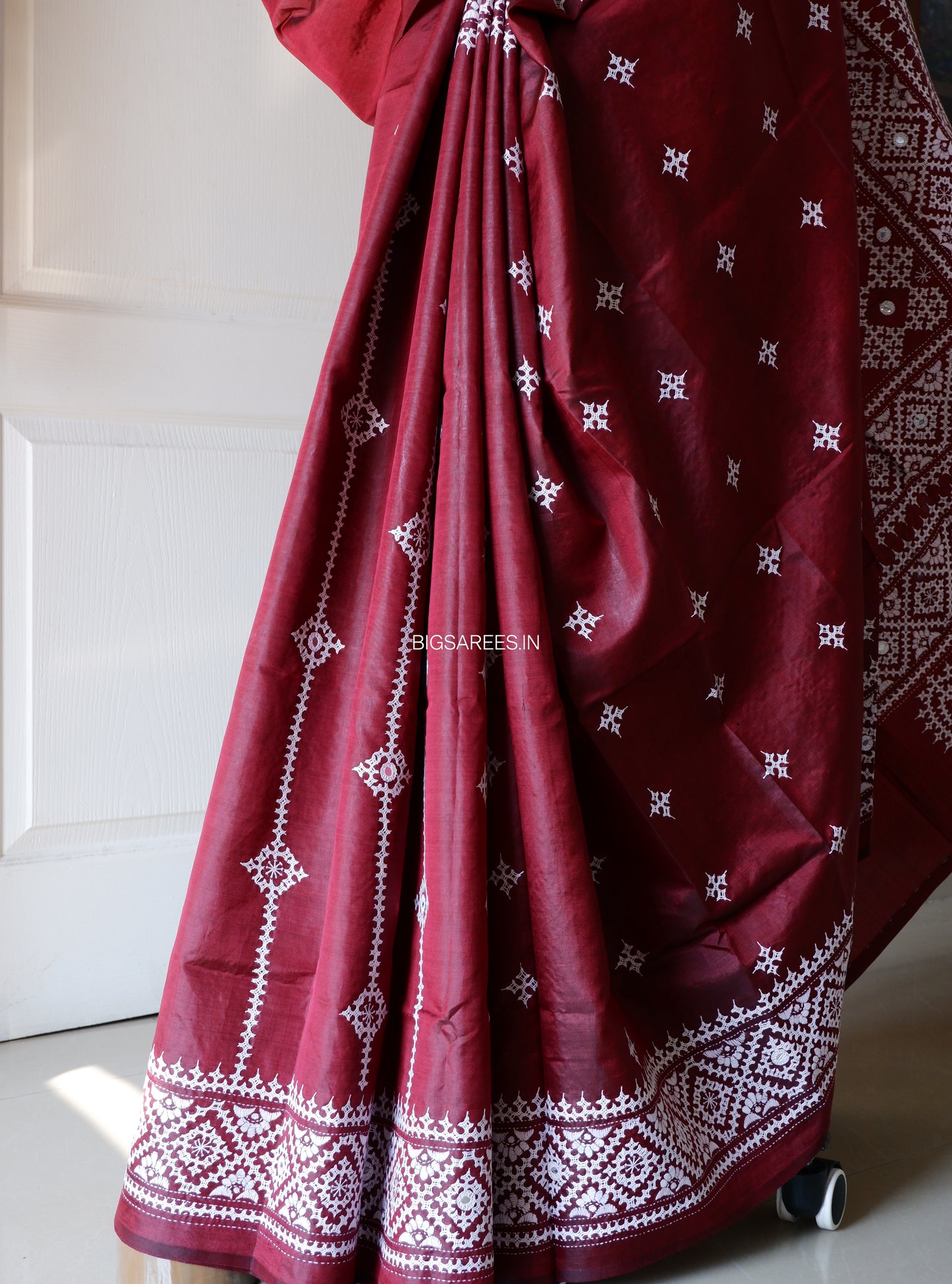 Gujrati/Kutchi Work Hand Embroidered Pure Banglore Silk Saree