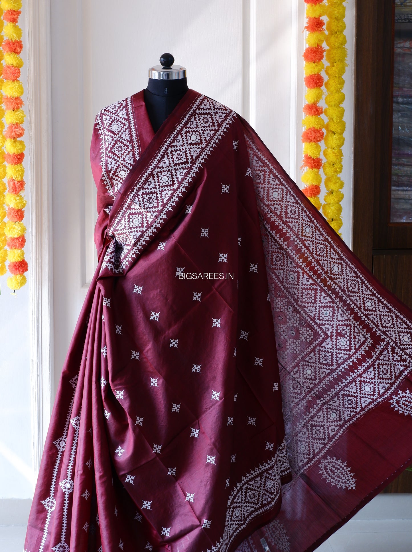 Gujrati/Kutchi Work Hand Embroidered Pure Banglore Silk Saree