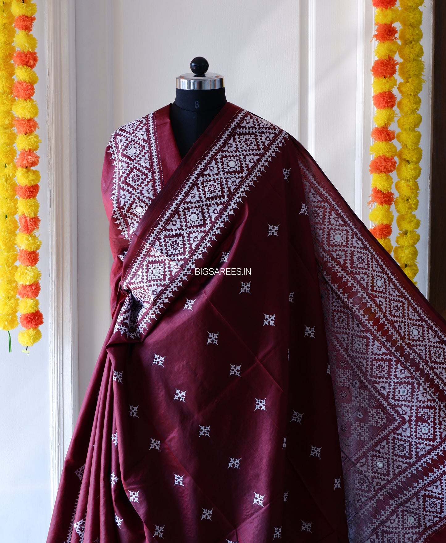 Gujrati/Kutchi Work Hand Embroidered Pure Banglore Silk Saree