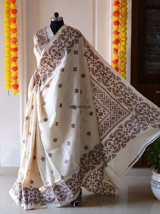 Gujrati/Kutchi Work Hand Embroidered Pure Banglore Silk Saree