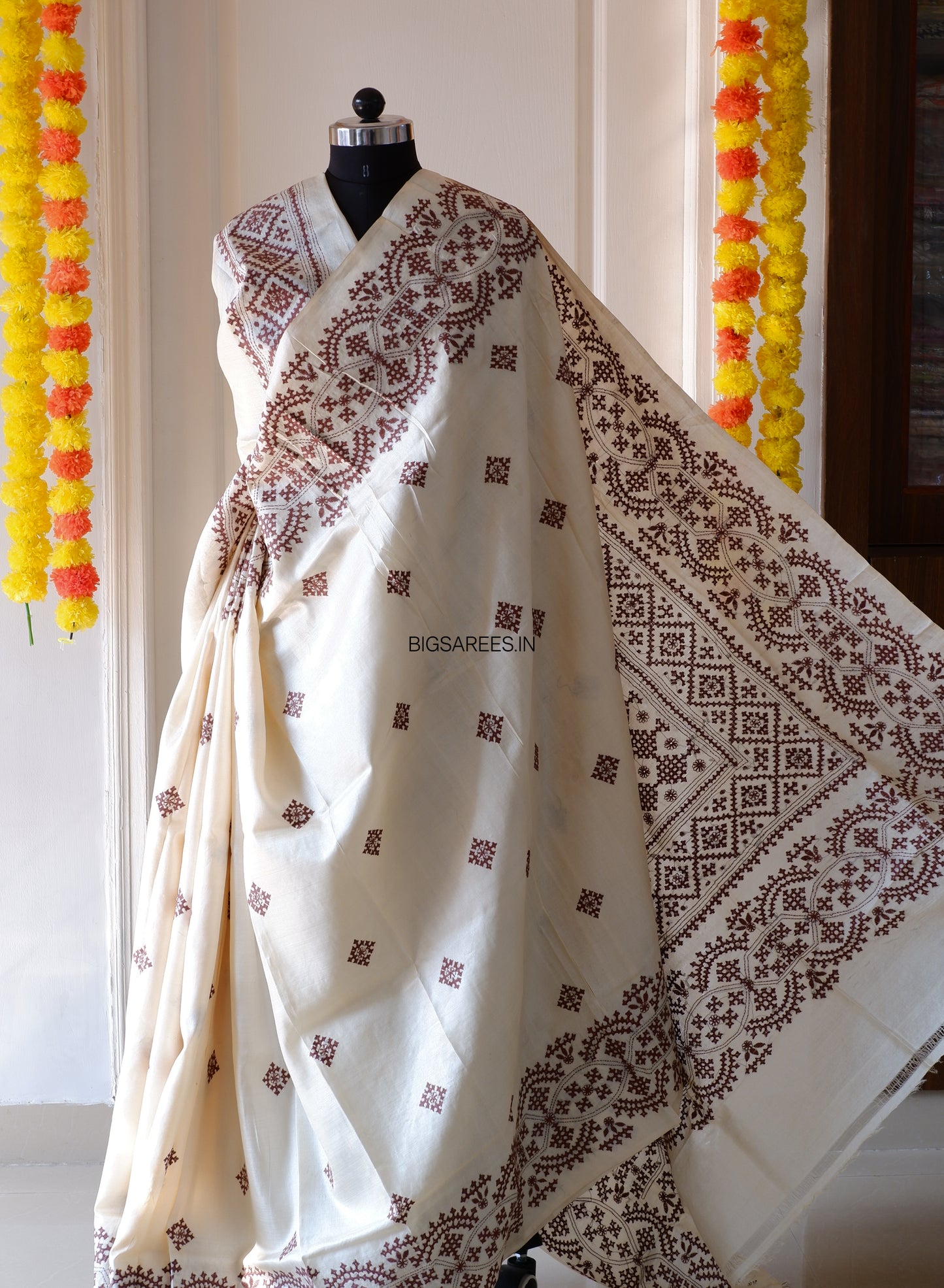 Gujrati/Kutchi Work Hand Embroidered Pure Banglore Silk Saree