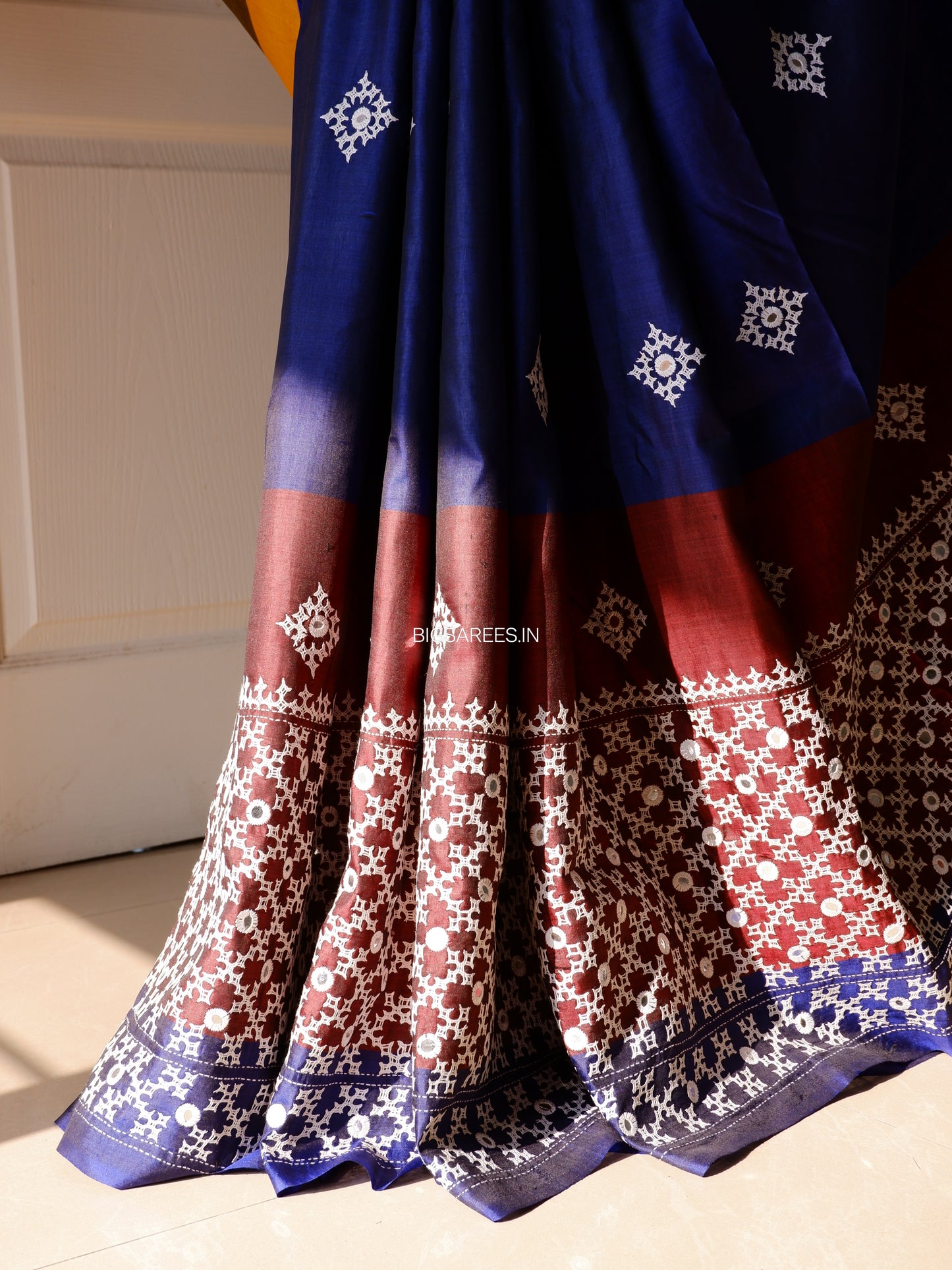 Gujrati/Kutchi Work Hand Embroidered Pure Banglore Silk Saree