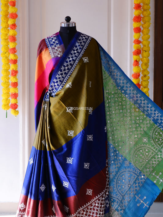 Gujrati/Kutchi Work Hand Embroidered Pure Banglore Silk Saree