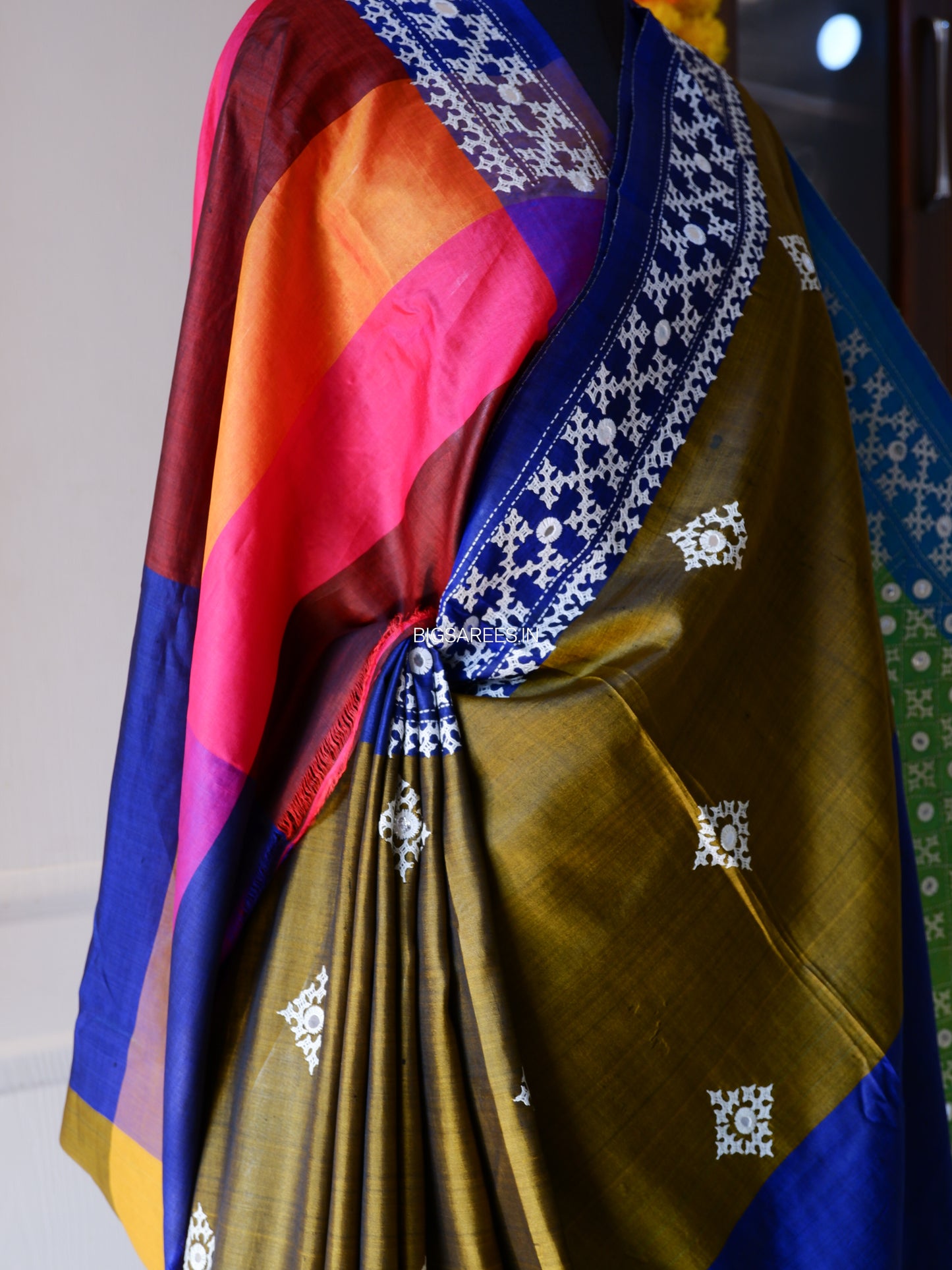Gujrati/Kutchi Work Hand Embroidered Pure Banglore Silk Saree
