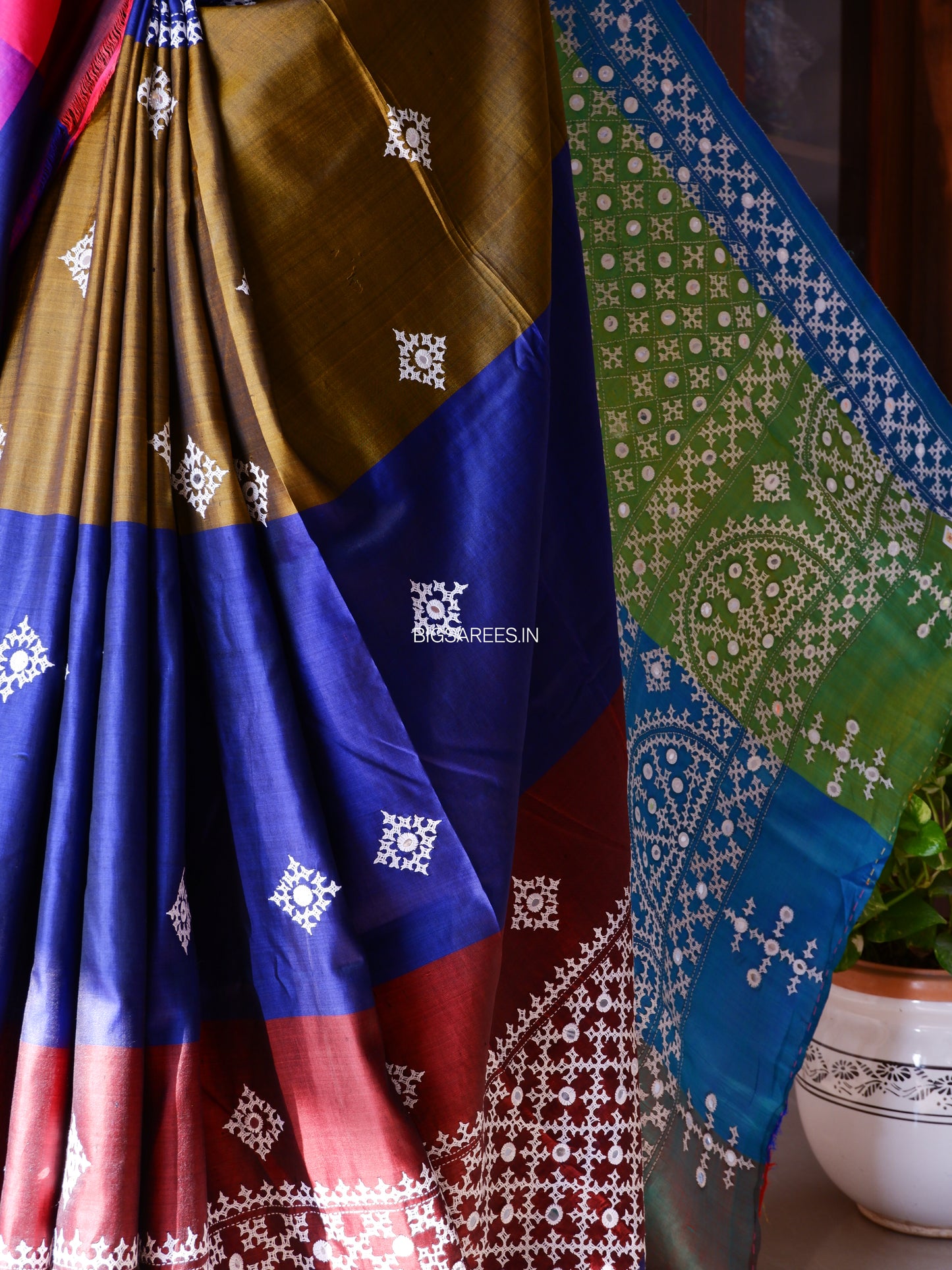 Gujrati/Kutchi Work Hand Embroidered Pure Banglore Silk Saree