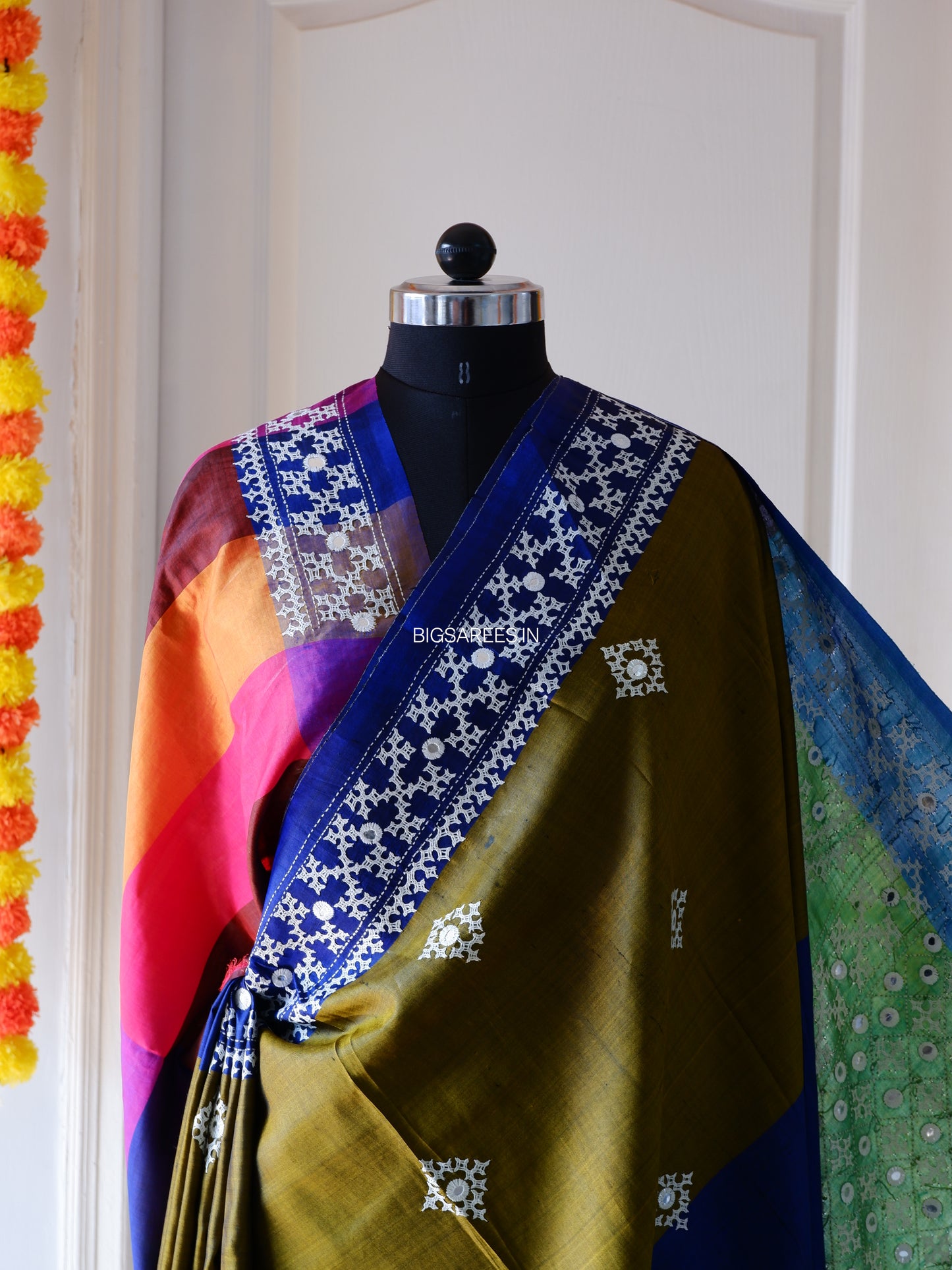 Gujrati/Kutchi Work Hand Embroidered Pure Banglore Silk Saree