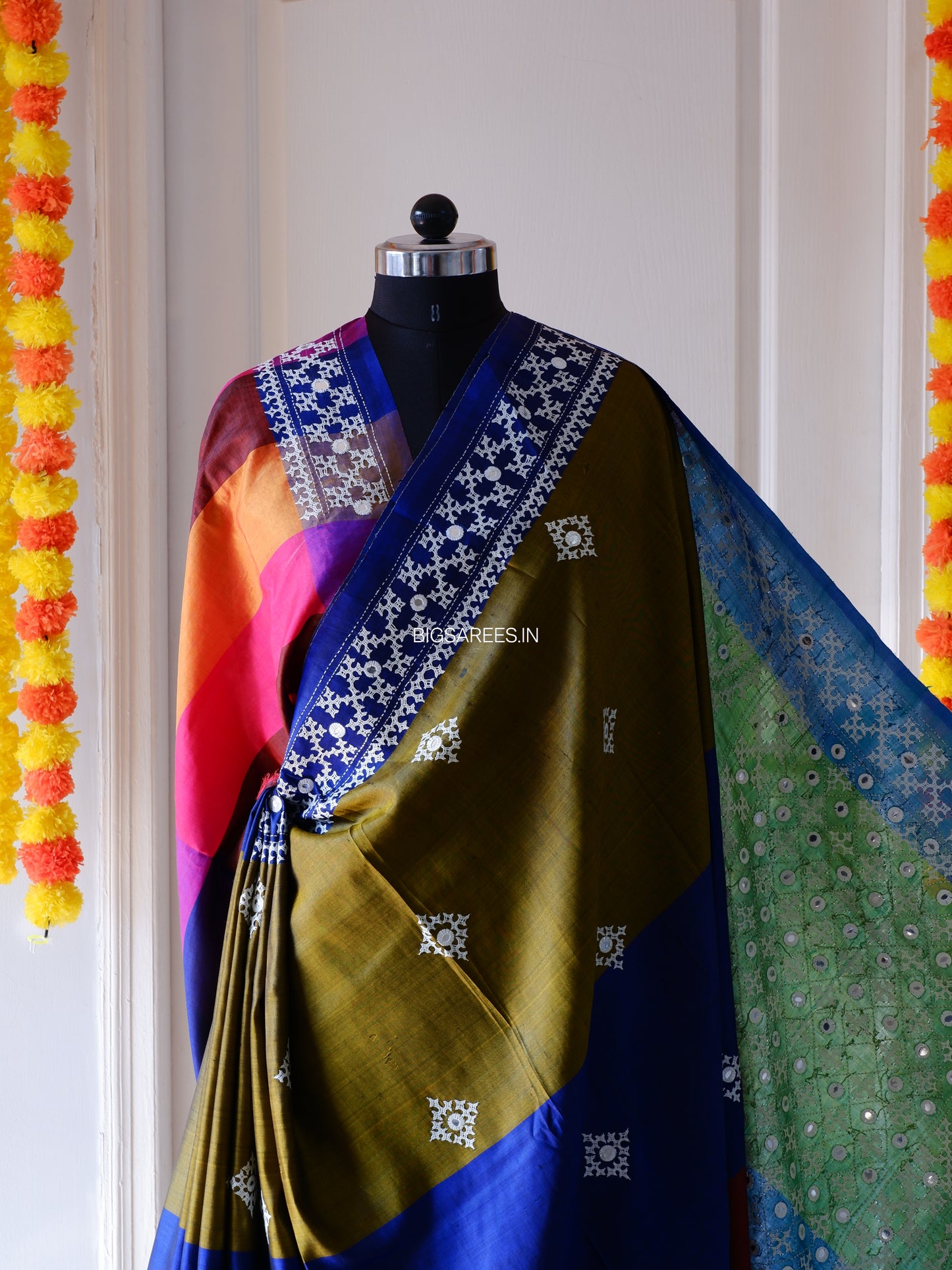 Gujrati/Kutchi Work Hand Embroidered Pure Banglore Silk Saree