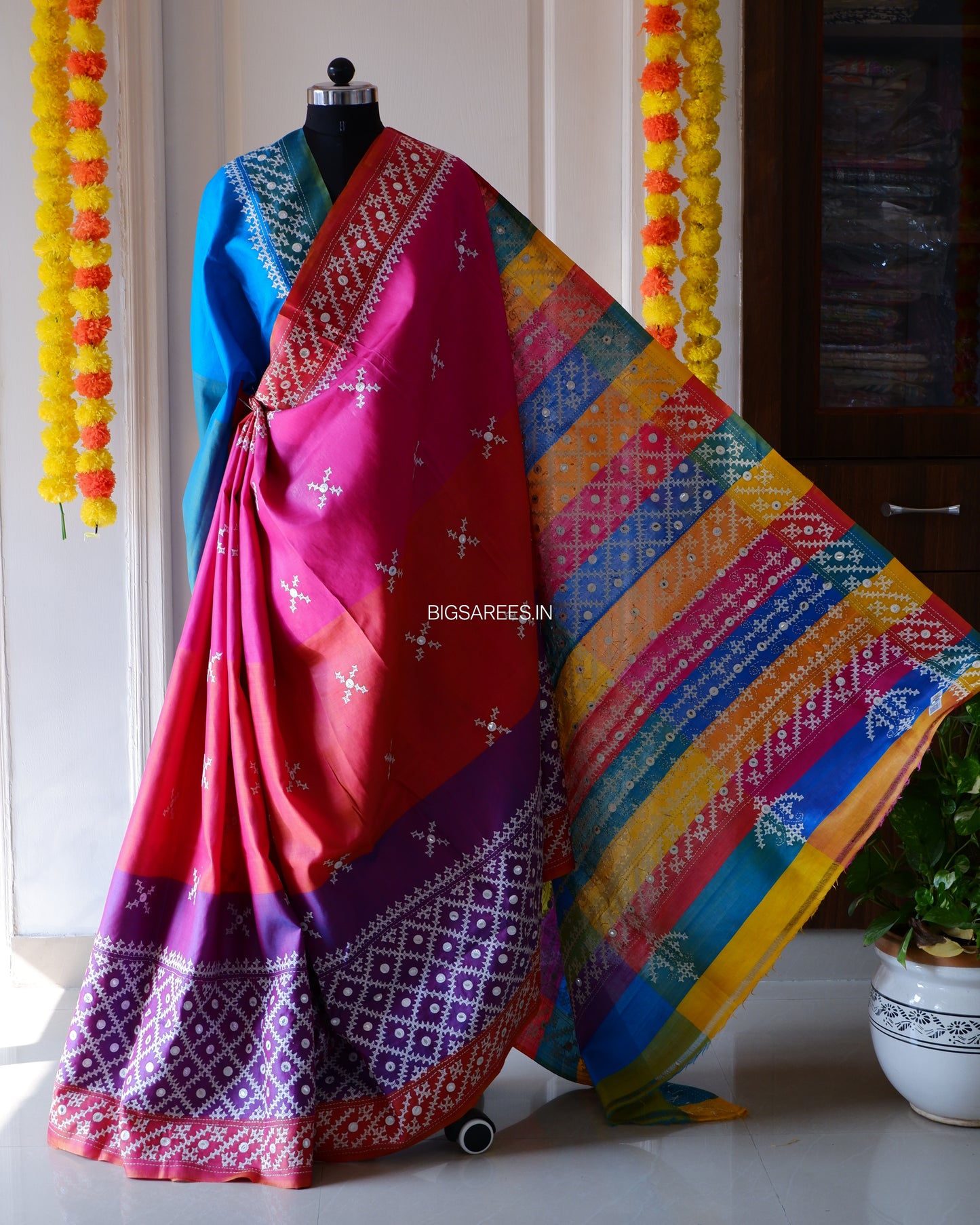 Gujrati/Kutchi Work Hand Embroidered Pure Banglore Silk Saree