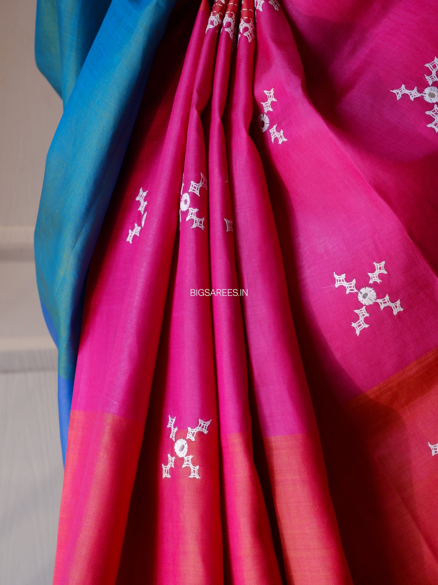 Gujrati/Kutchi Work Hand Embroidered Pure Banglore Silk Saree
