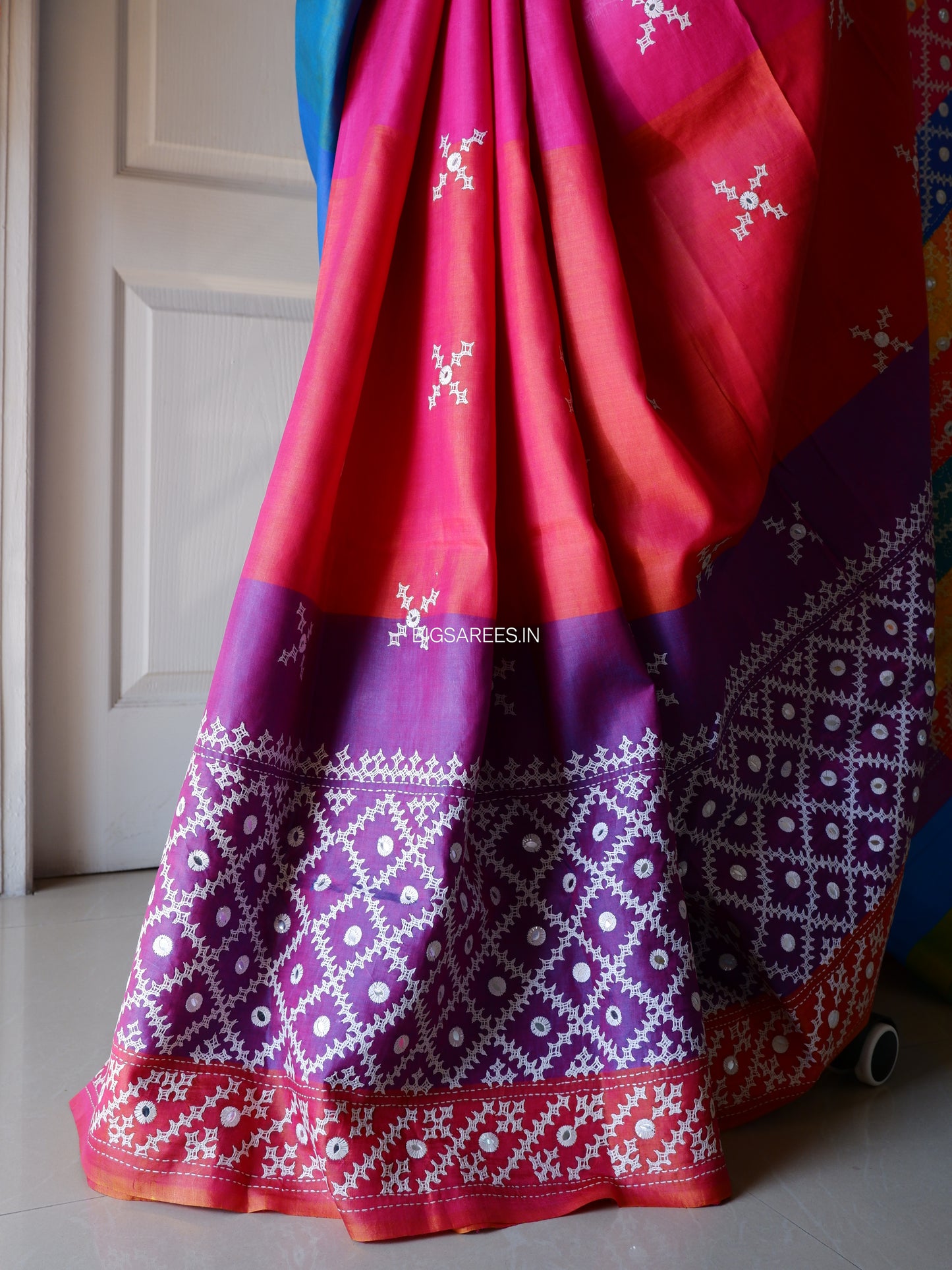 Gujrati/Kutchi Work Hand Embroidered Pure Banglore Silk Saree