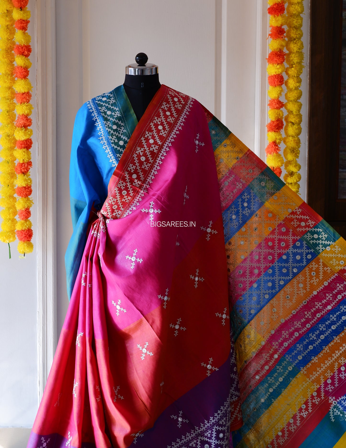 Gujrati/Kutchi Work Hand Embroidered Pure Banglore Silk Saree