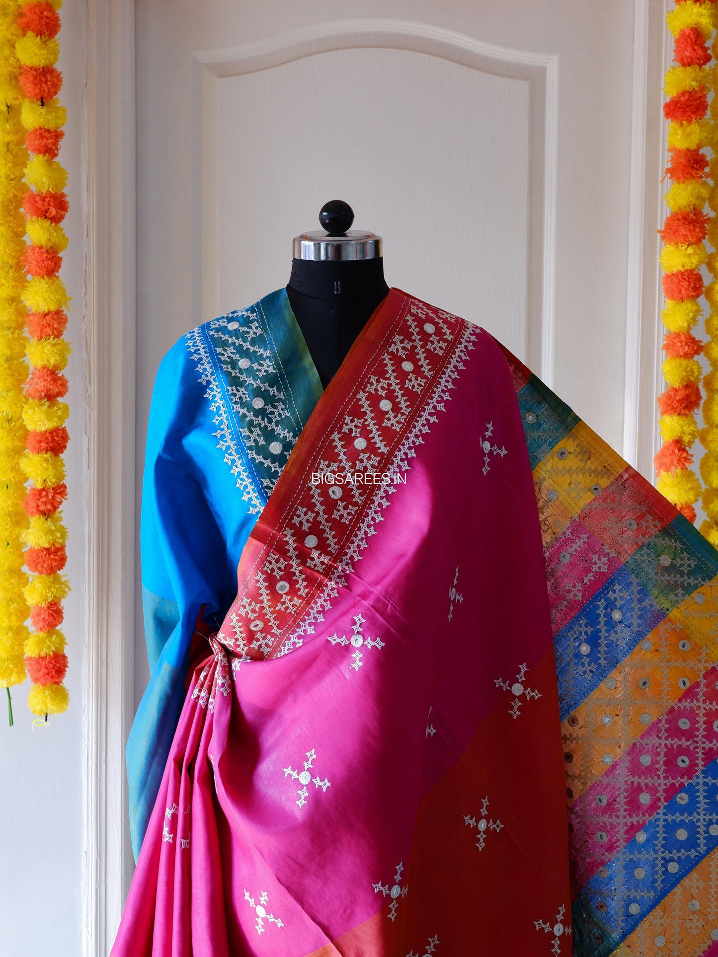 Gujrati/Kutchi Work Hand Embroidered Pure Banglore Silk Saree