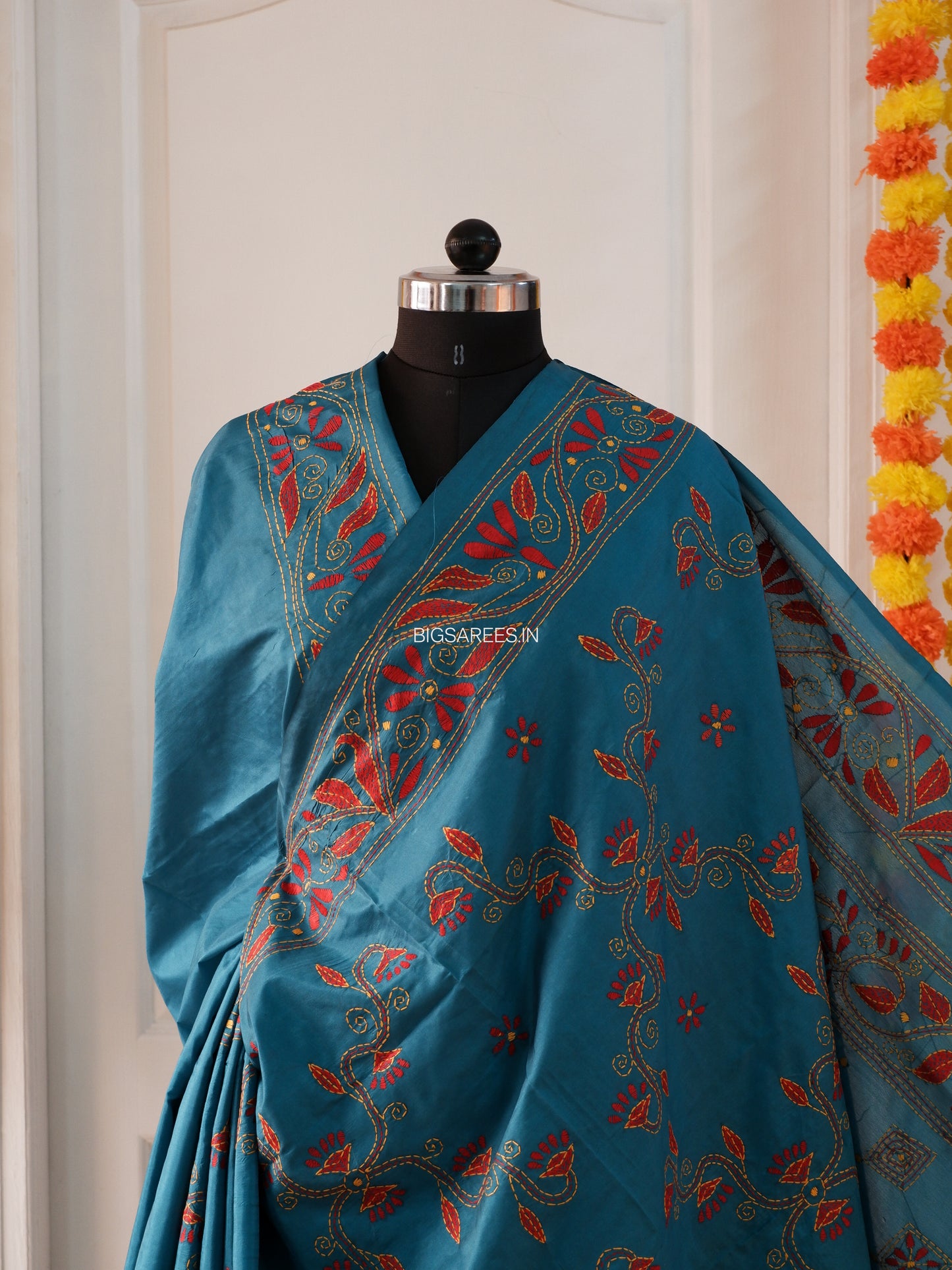 Kantha Stitch Hand Work Embroidered Art Silk Saree With Blouse