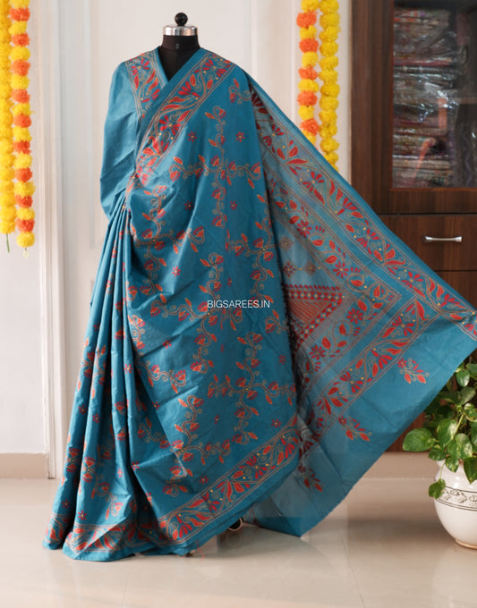 Kantha Stitch Hand Work Embroidered Art Silk Saree With Blouse