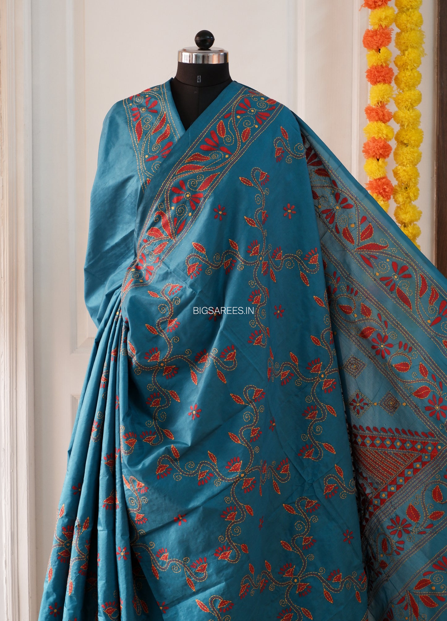 Kantha Stitch Hand Work Embroidered Art Silk Saree With Blouse