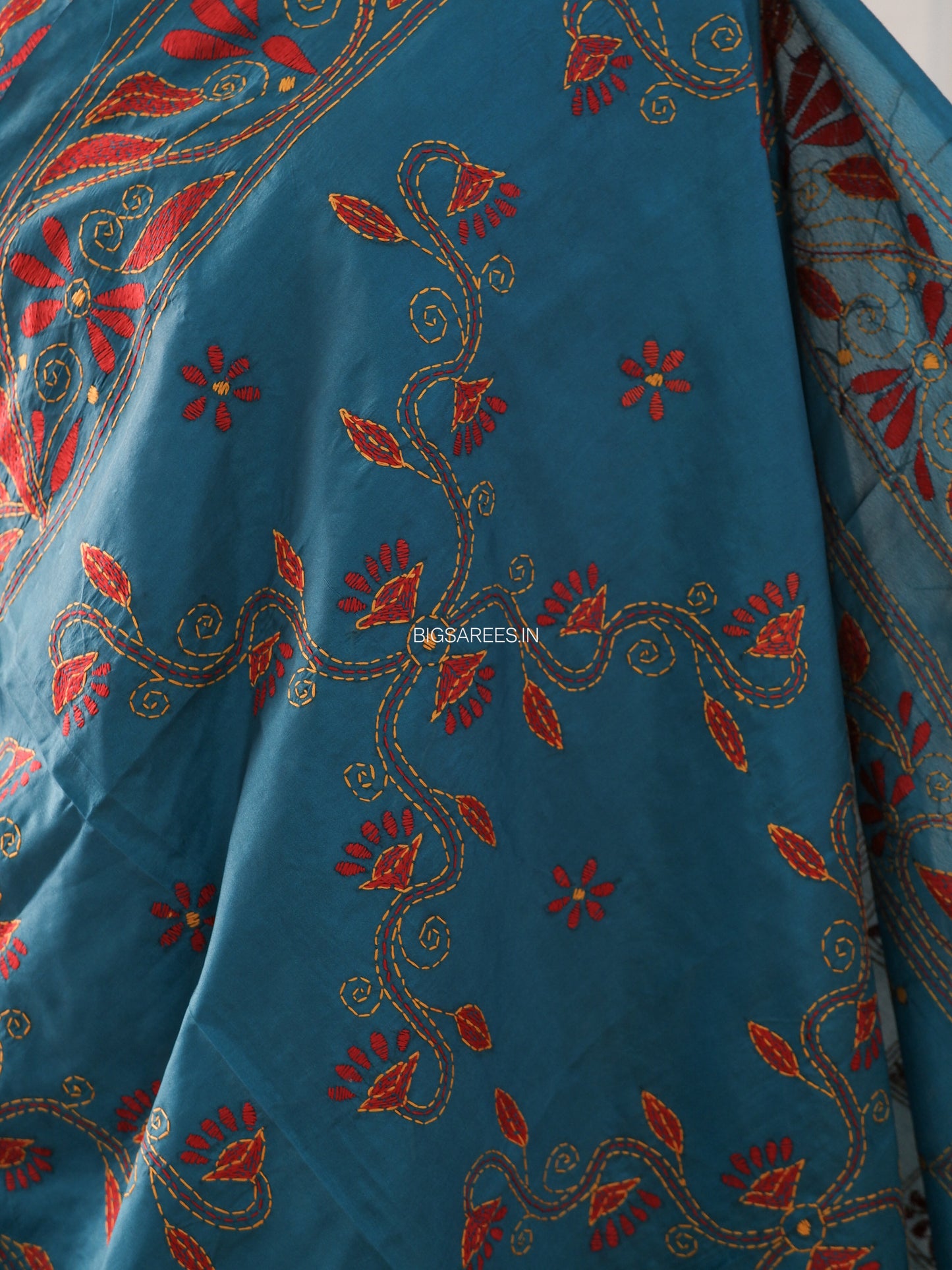 Kantha Stitch Hand Work Embroidered Art Silk Saree With Blouse