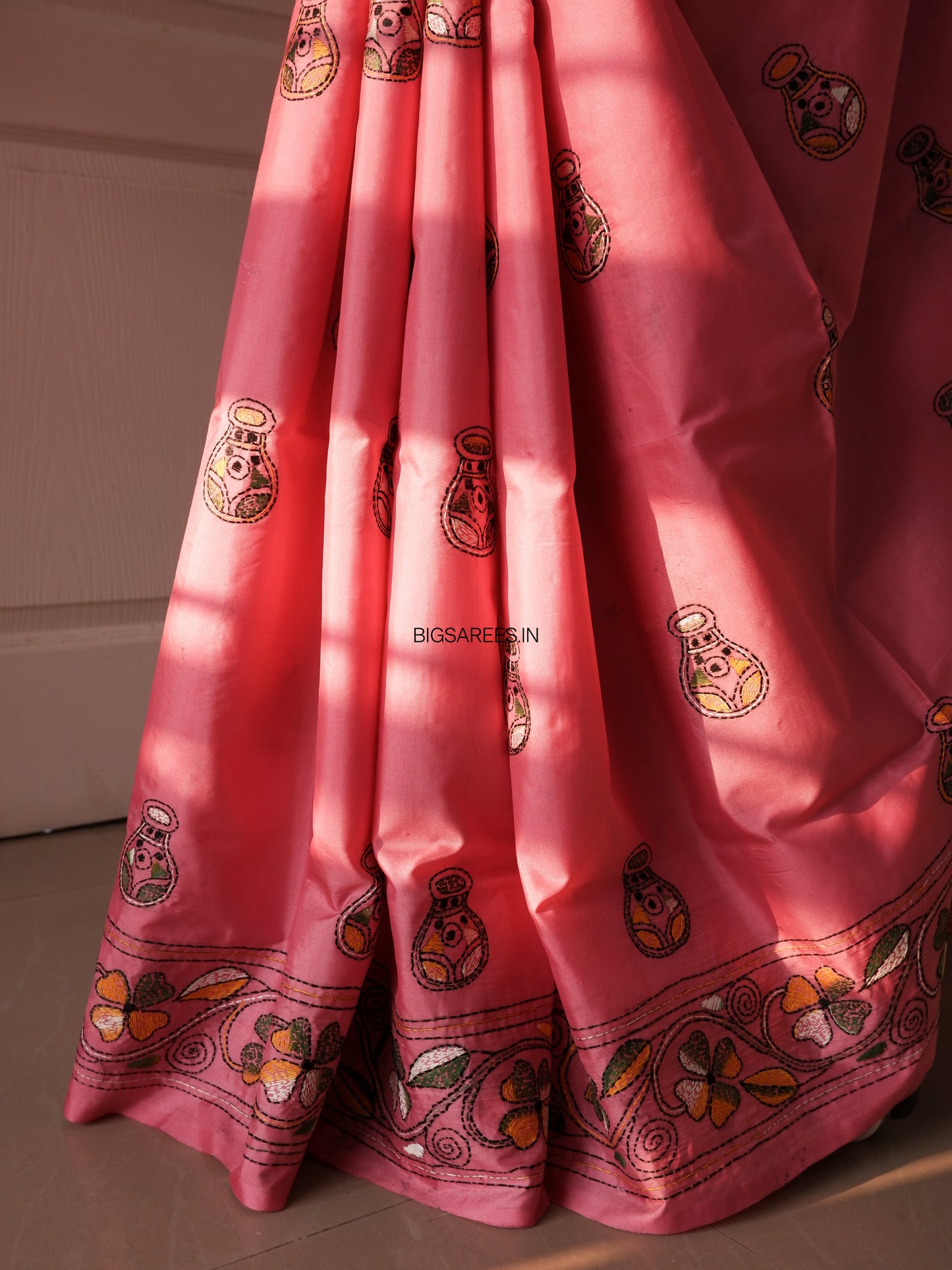 Kantha Stitch Hand Work Embroidered Art Silk Saree With Blouse