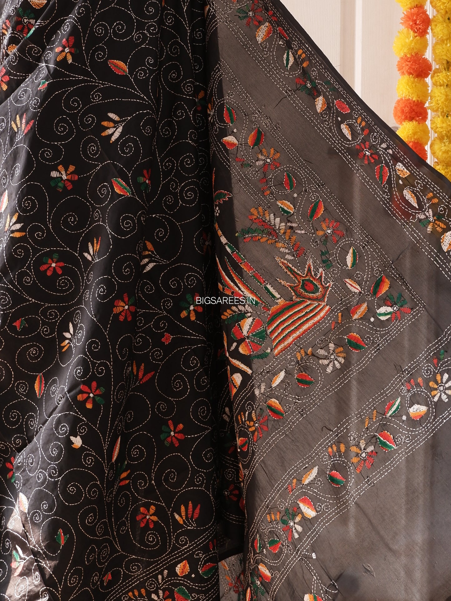 Kantha Stitch Hand Work Embroidered Art Silk Saree With Blouse