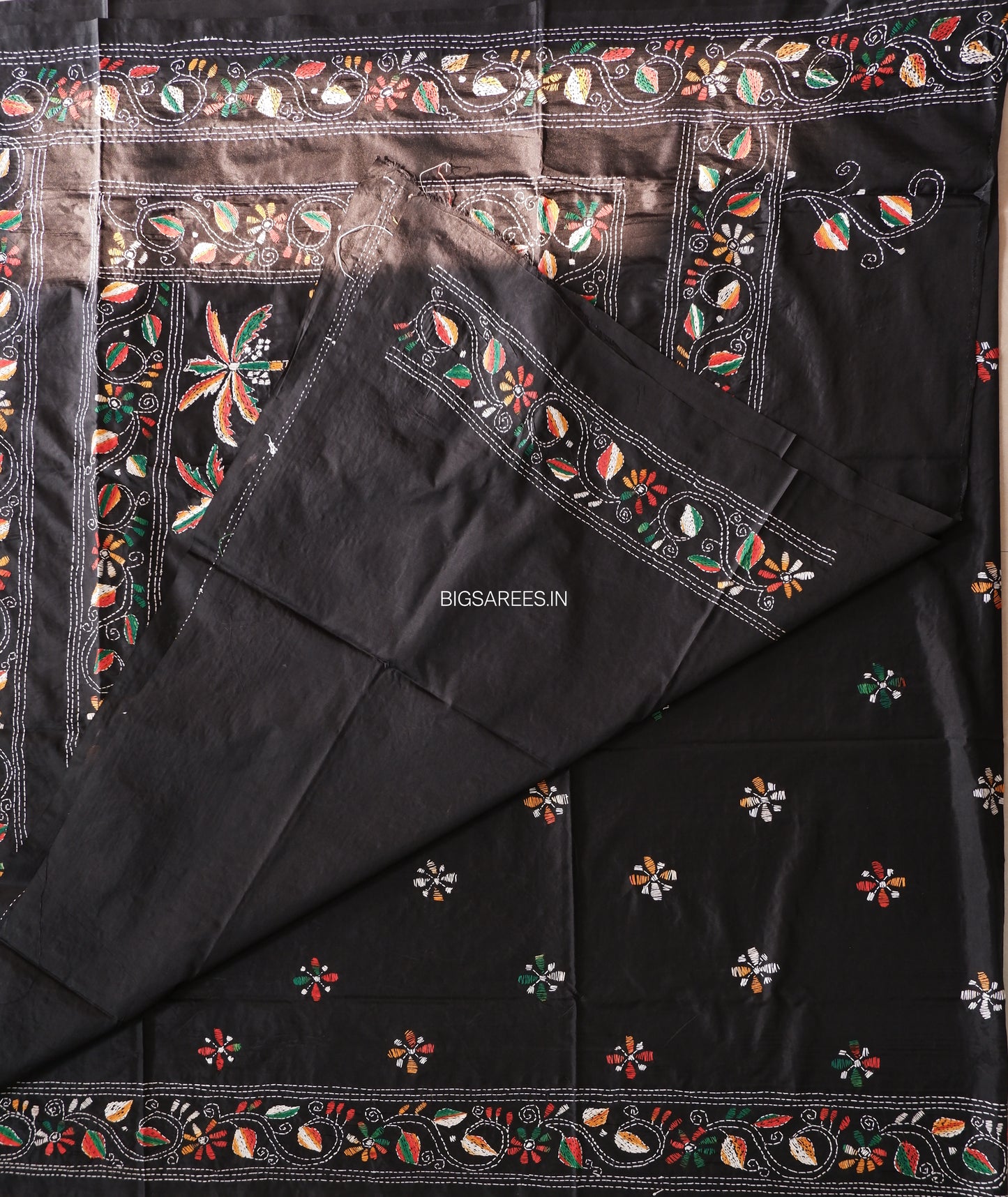 Kantha Stitch Hand Work Embroidered Art Silk Saree With Blouse